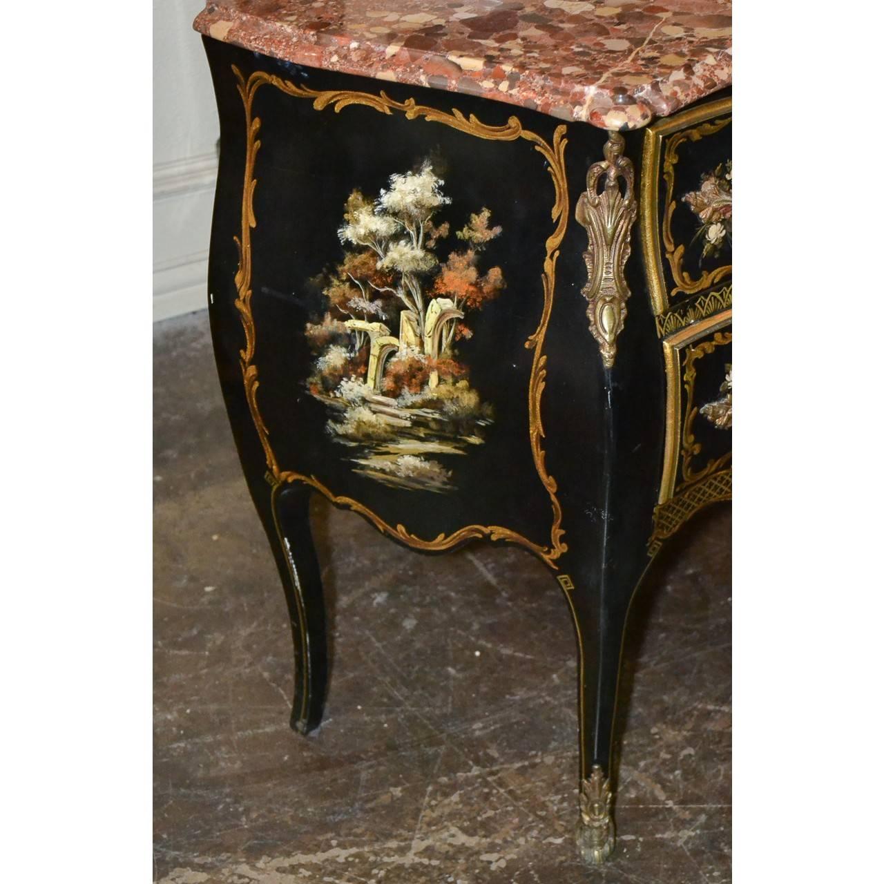 Wood Midcentury Italian Black Lacquered Chinoiserie Commode