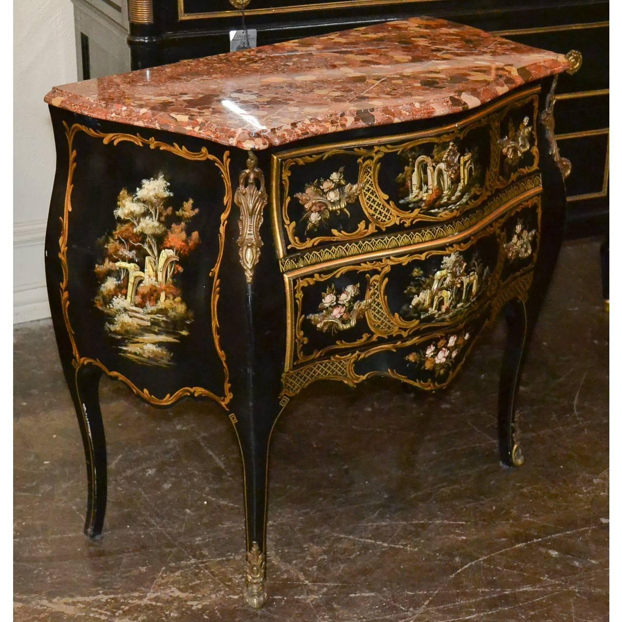 Midcentury Italian Black Lacquered Chinoiserie Commode 1