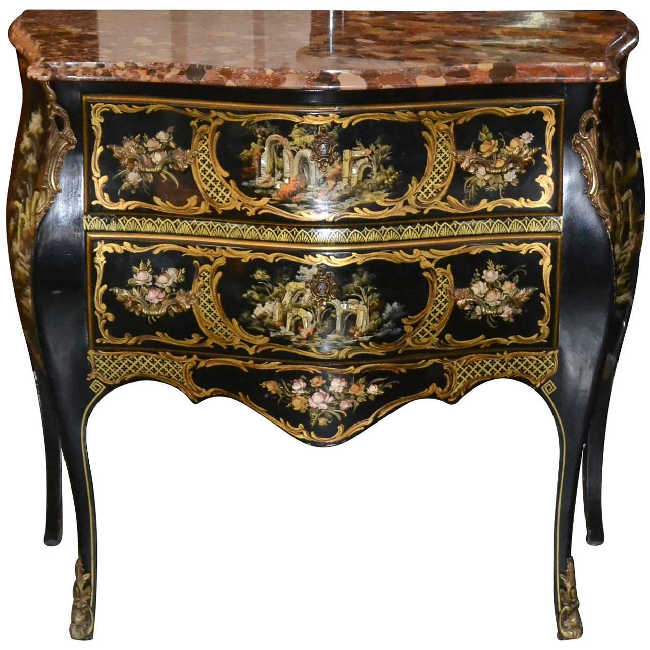 Midcentury Italian Black Lacquered Chinoiserie Commode
