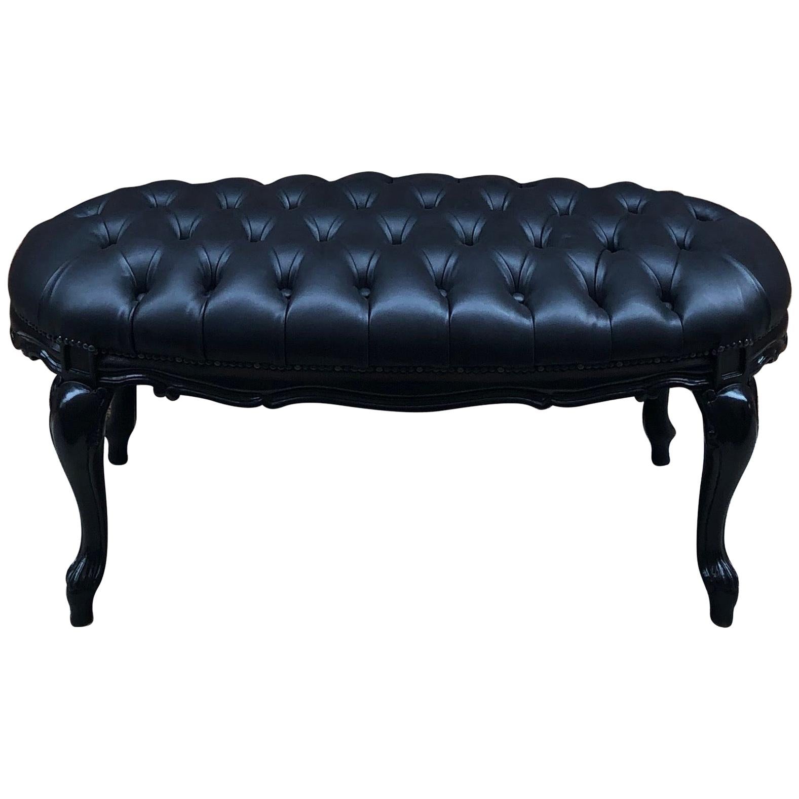 Midcentury Italian Black Lacquered, Black Oval Leather Ottoman Table