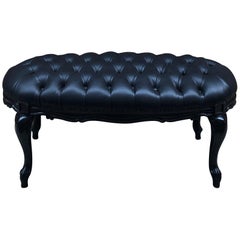 Midcentury Italian Black Lacquered Engraved Wood Black Leather Oval Bench