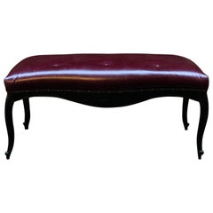 Midcentury Italian Black Lacquered Engraved Wood Dark Red Leather Bench