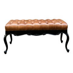 Midcentury Italian Black Lacquered Engraved Wood Tobacco Leather Bench