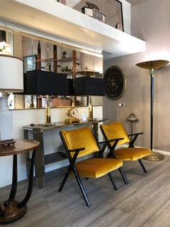 Midcentury Italian Black Lacquered Wood Ochre Velvet Armchairs by Dal Vera