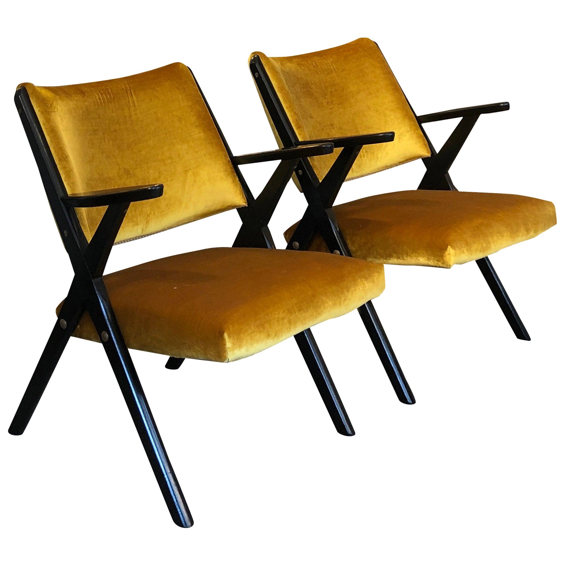 Midcentury Italian Black Lacquered Wood Ochre Velvet Armchairs by Dal Vera For Sale