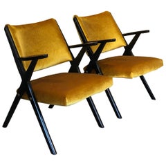 Midcentury Italian Black Lacquered Wood Ochre Velvet Armchairs by Dal Vera