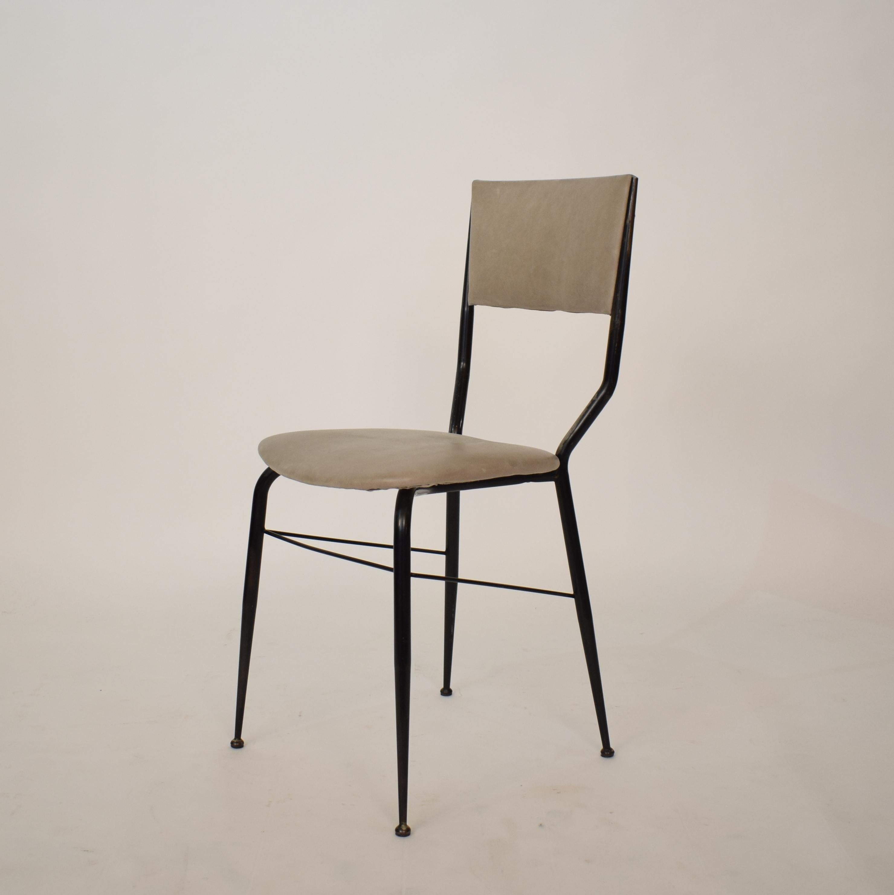 Mid-Century Modern Midcentury Italian Black Metal and Grey Leather Dining Chair, 1950