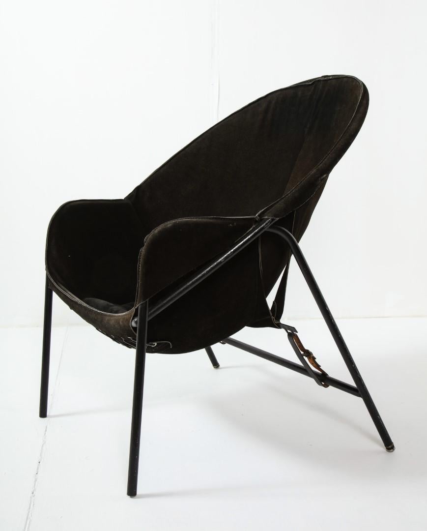 European Midcentury Italian Black Suede Lounge Chair, c. 1950