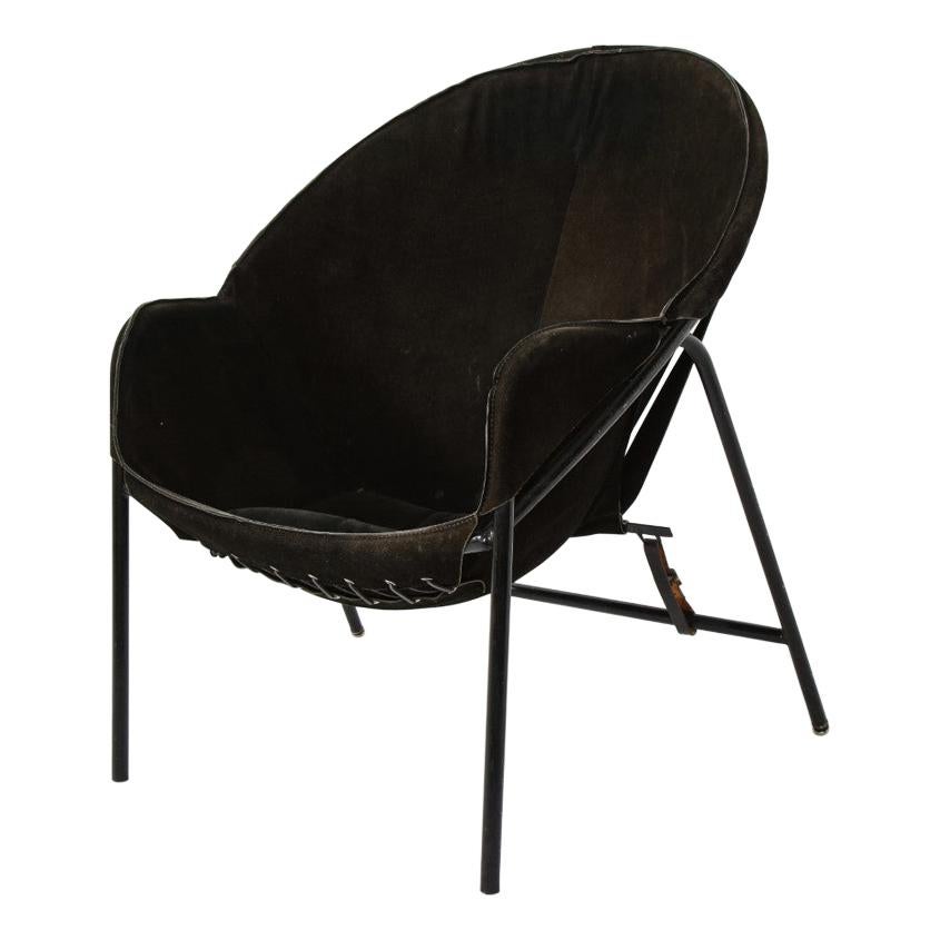 Midcentury Italian Black Suede Lounge Chair, c. 1950