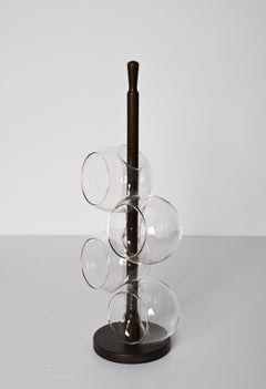 Midcentury Italian Blown Drinking Glasses and Walnut Wood Holder Set, 1970s