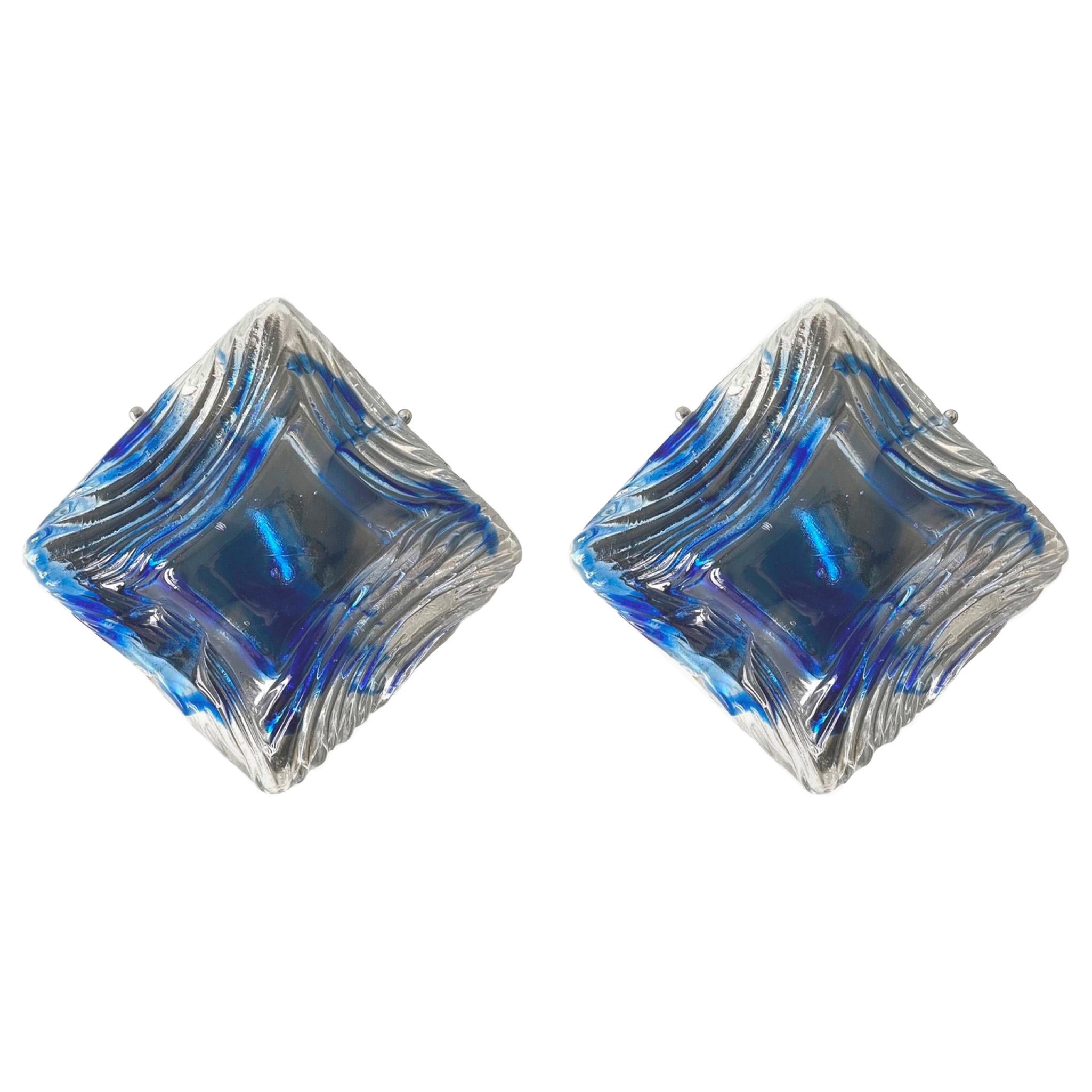 Apliques de cristal de Murano transparente azul italiano de mediados de siglo, años 70 en venta