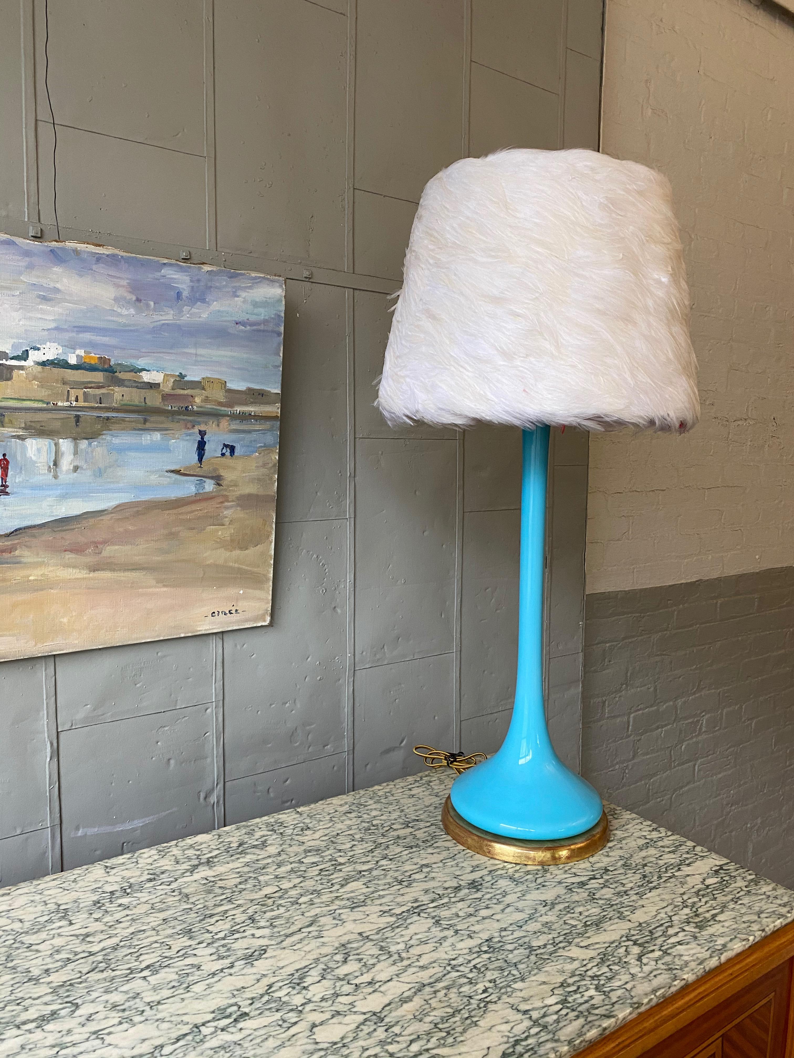 Blown Glass Mid Century Italian Blue Venetian Glass Lamp on Giltwood Base For Sale