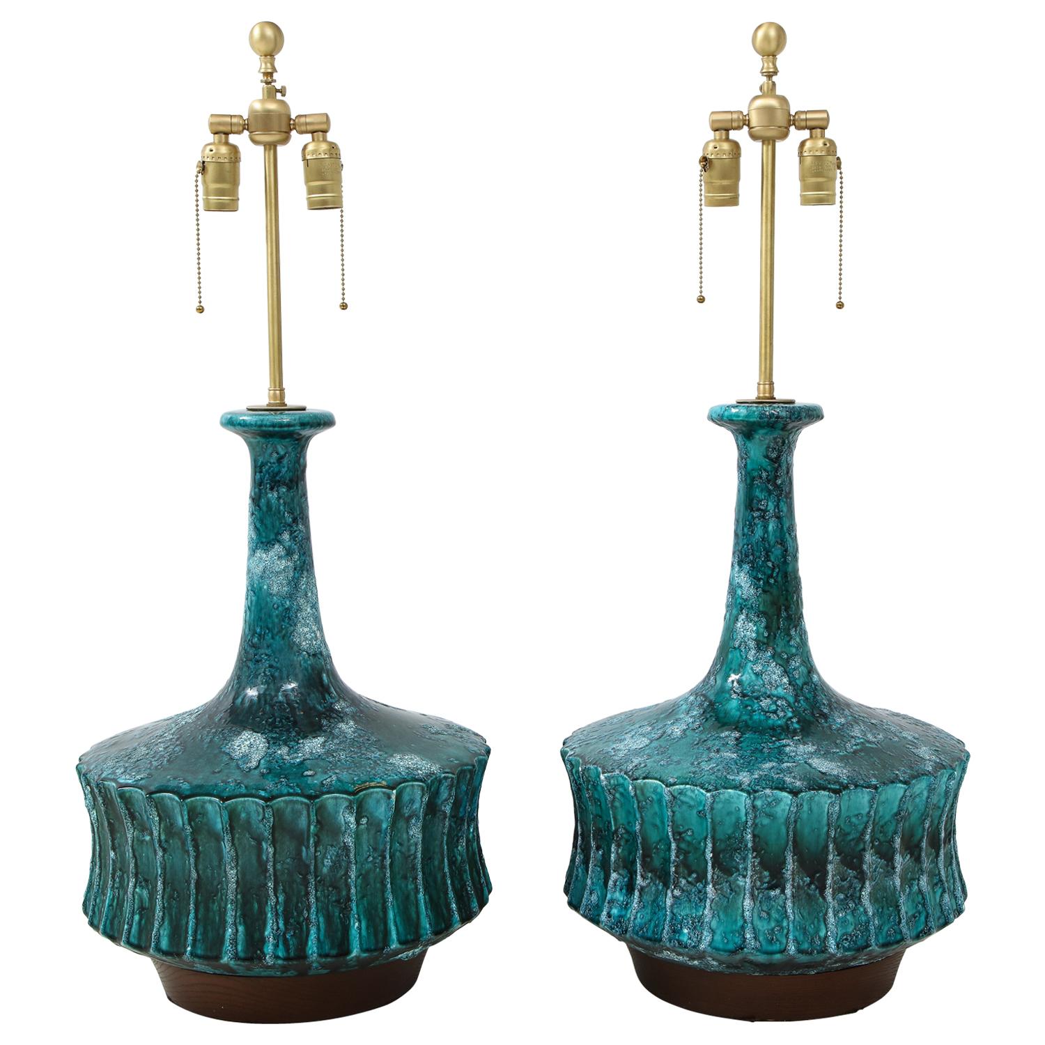 Midcentury Italian Blue, Green Glazed Ceramic Lamps