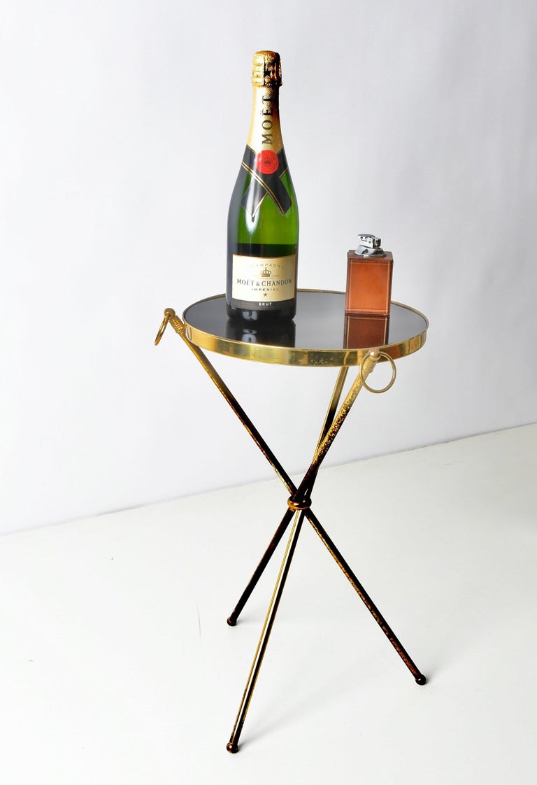 Midcentury Italian Brass and Glass Round Side Table with Tripod Structure, 1950s 8