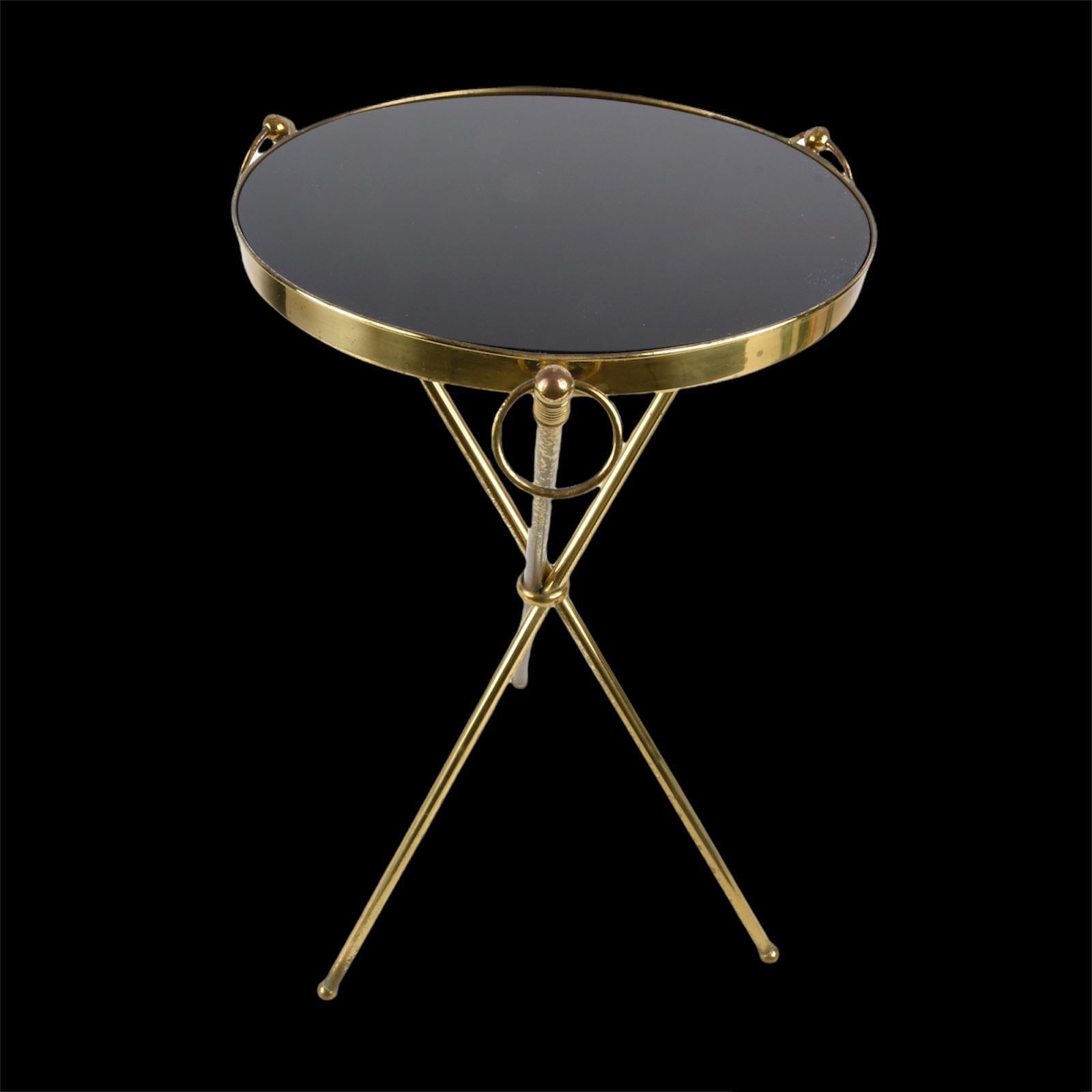 20th Century Midcentury Italian Brass and Glass Round Side Table with Tripod Structure, 1950s