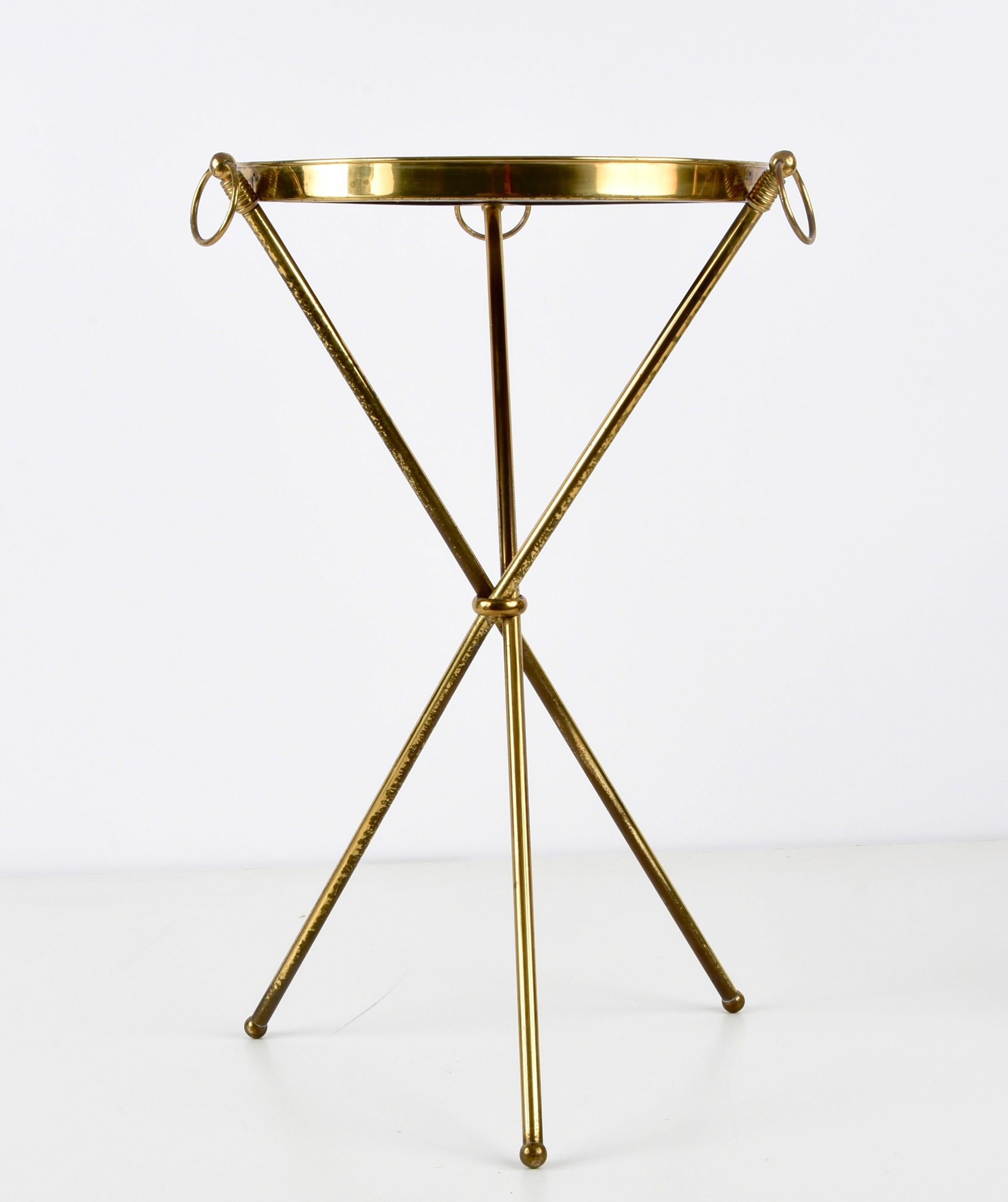 Midcentury Italian Brass and Glass Round Side Table with Tripod Structure, 1950s 1
