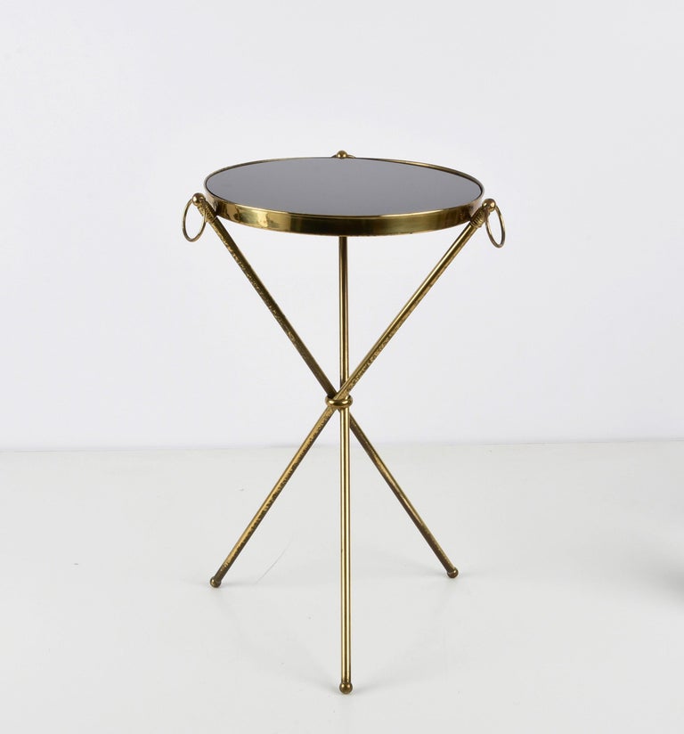 Midcentury Italian Brass and Glass Round Side Table with Tripod Structure, 1950s 1