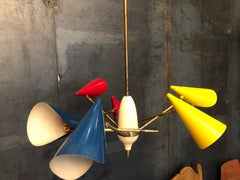 Midcentury Italian Brass and Lacquered Metal Chandelier with Three Arms