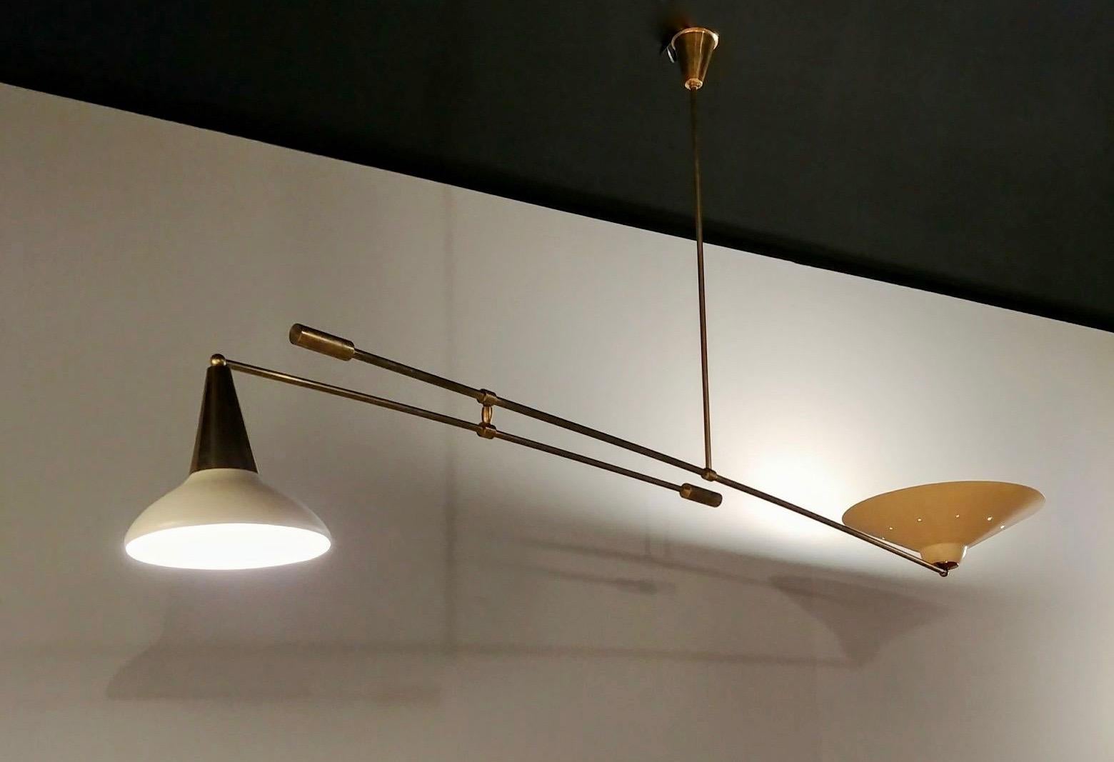 Mid-Century Modern Midcentury Italian Brass and Lacquered Metal Chandelier with Two Articulate Arms