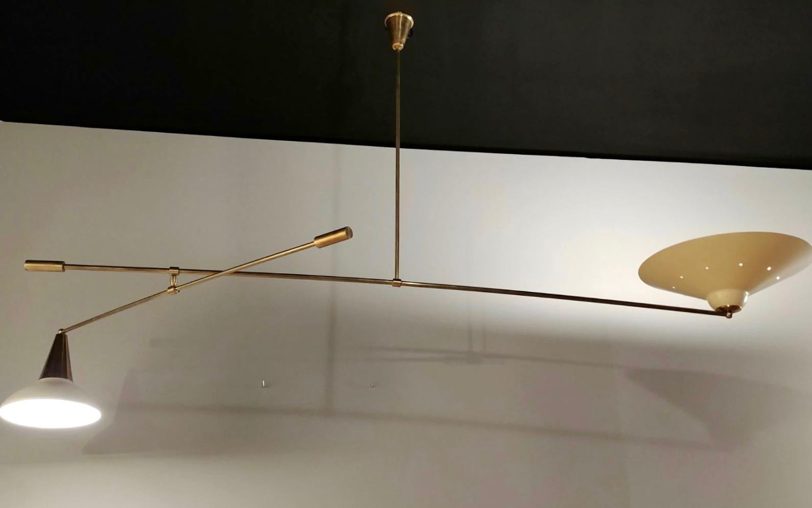 Midcentury Italian Brass and Lacquered Metal Chandelier with Two Articulate Arms In Good Condition In Los Angeles, CA