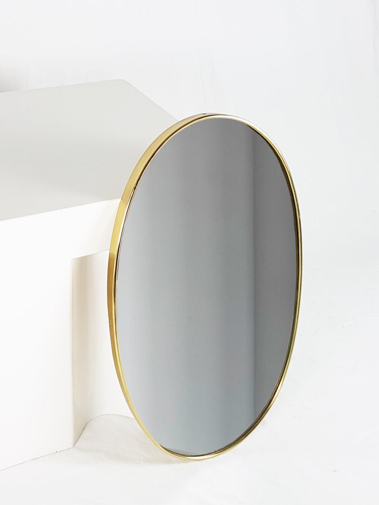 Midcentury Italian Brass and Mirrored Glass Oval Mirror For Sale at 1stdibs