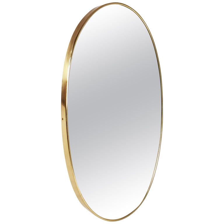 Midcentury Italian Brass and Mirrored Glass Oval Mirror For Sale at 1stdibs