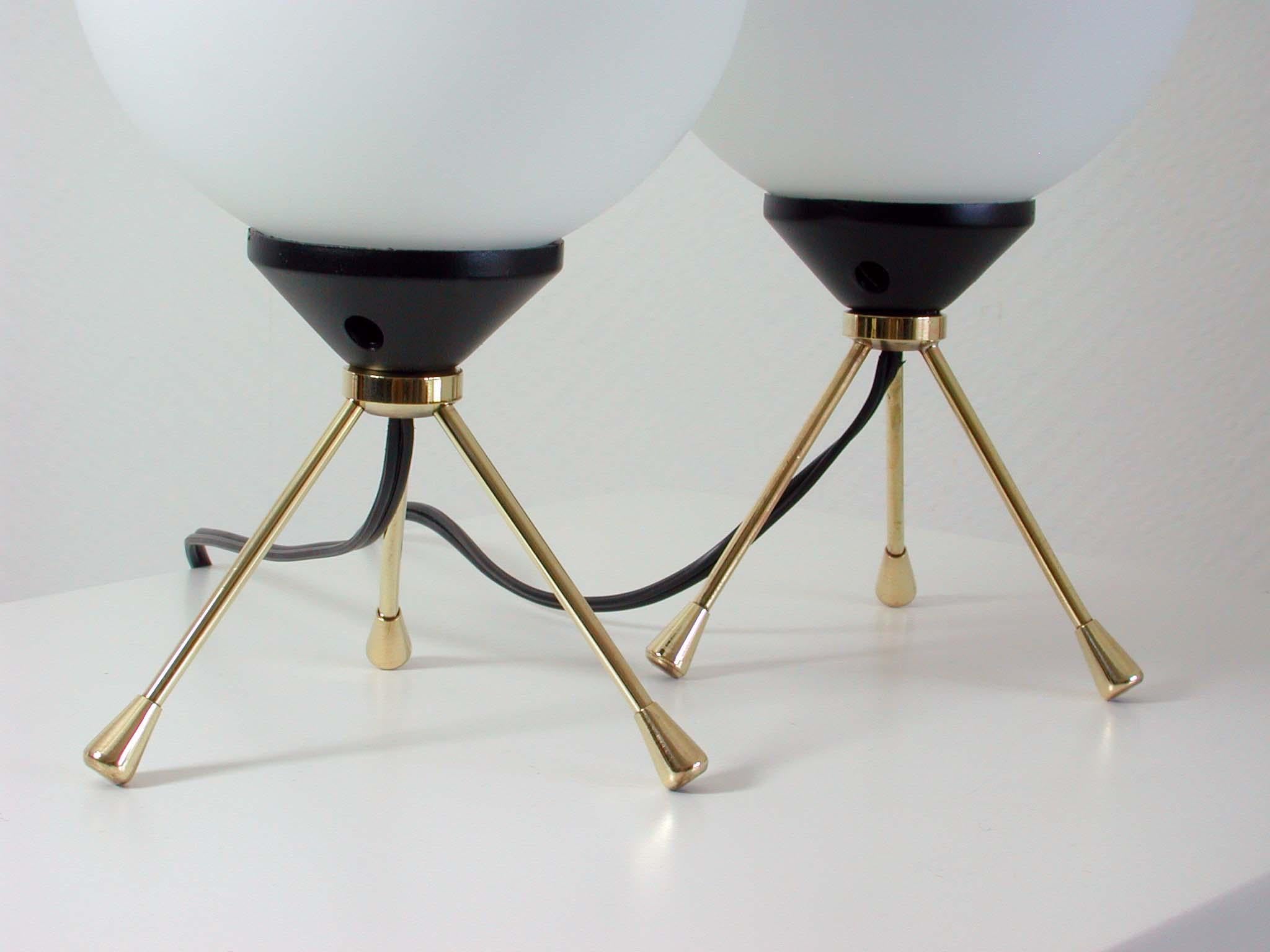 Mid-20th Century Midcentury Italian Brass and Opal Sputnik Table Lamps, Set of 2, 1950s