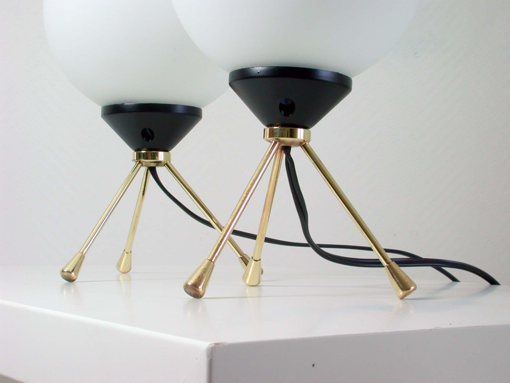 Plastic Midcentury Italian Brass and Opal Sputnik Table Lamps, Set of 2, 1950s
