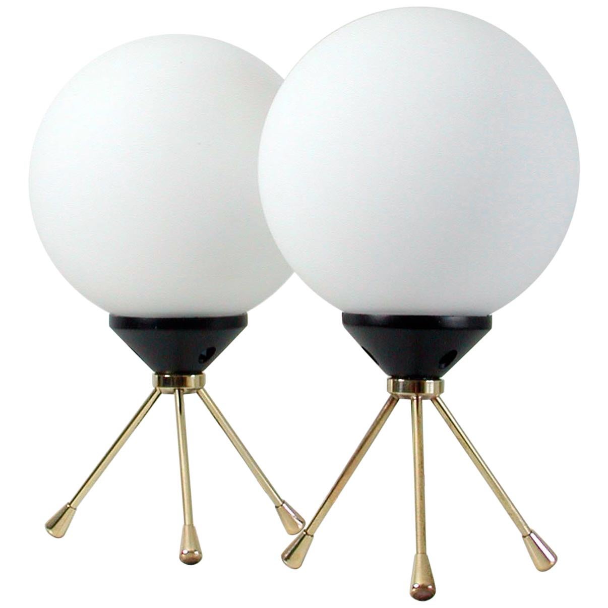 Midcentury Italian Brass and Opal Sputnik Table Lamps, Set of 2, 1950s