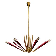 Midcentury Italian Brass and Red Lacquer Sputnik Chandelier