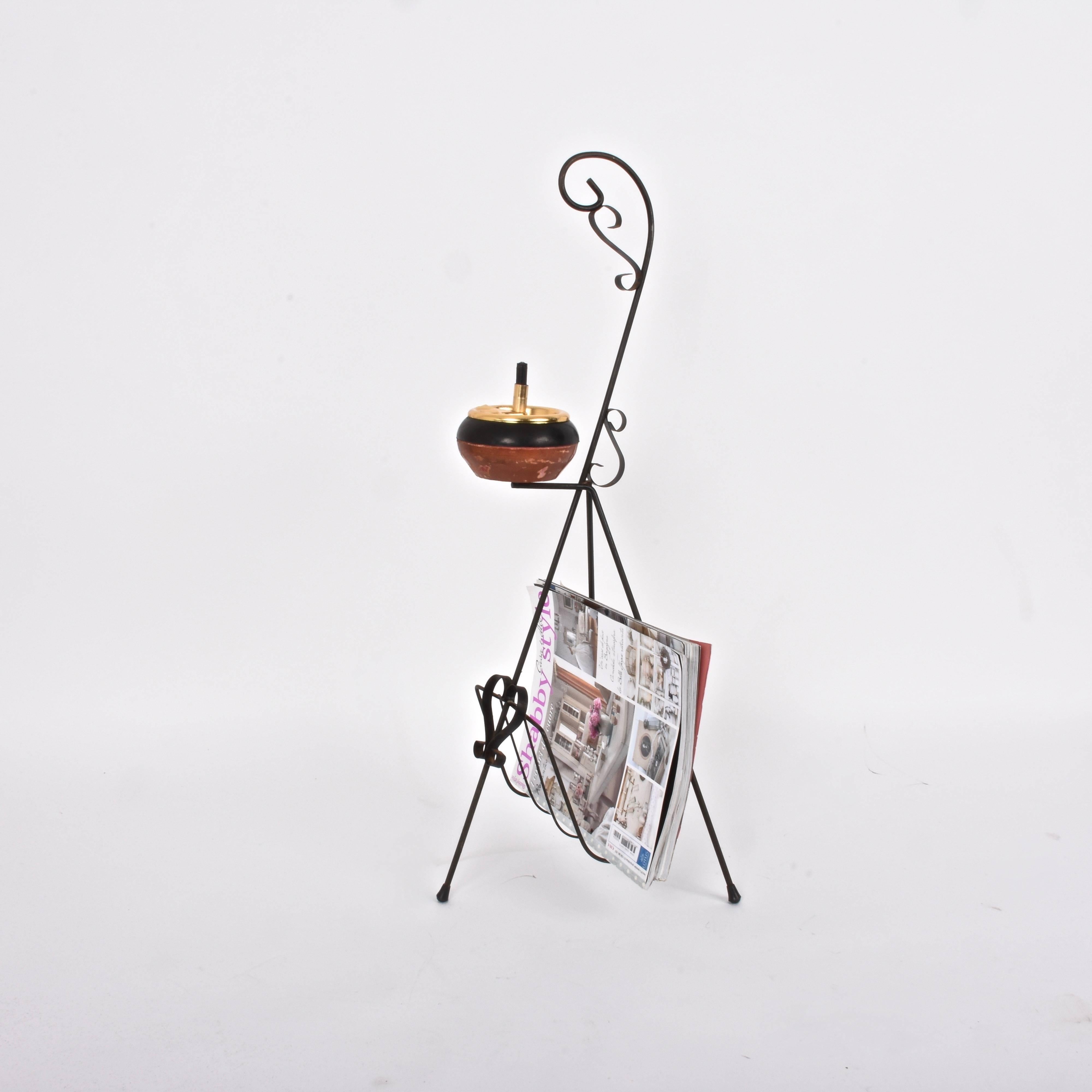 Mid-Century Modern Midcentury Italian Brass and Wrought Iron Magazine Rack with Ashtray, 1950s For Sale