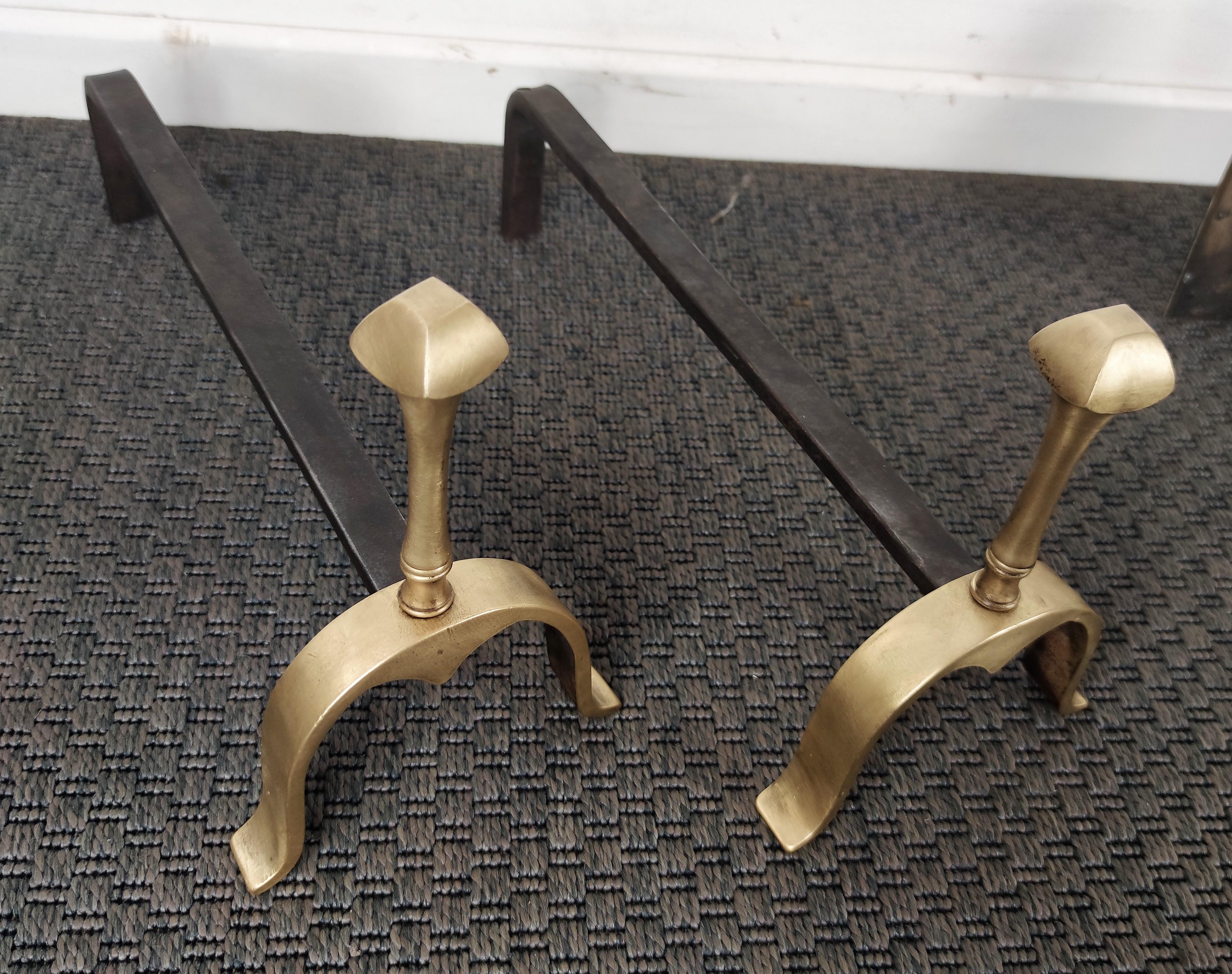 Hollywood Regency Midcentury Italian Brass and Wrought Iron Pair of Andirons