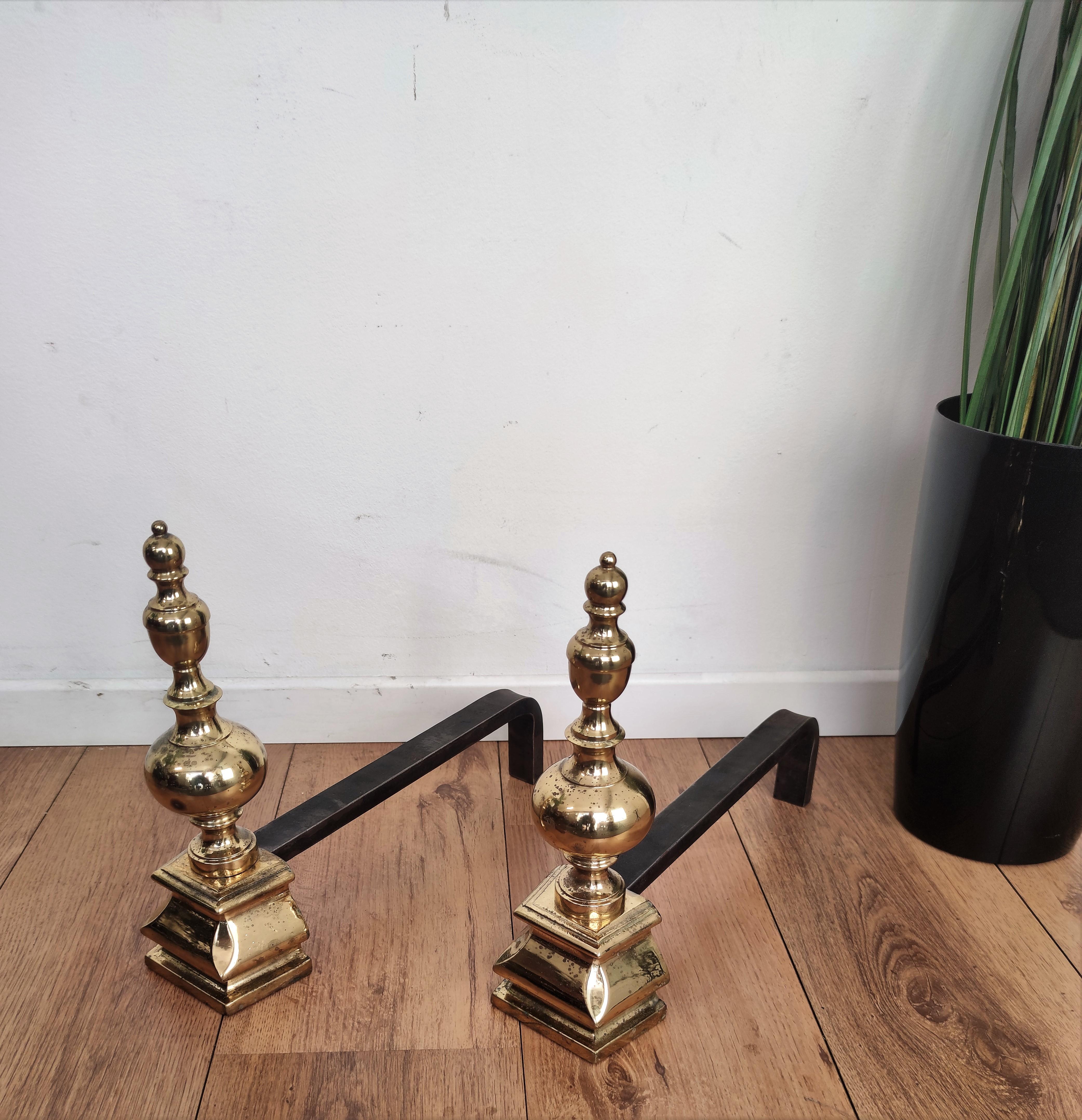 20th Century Midcentury Italian Brass and Wrought Iron Pair of Andirons For Sale