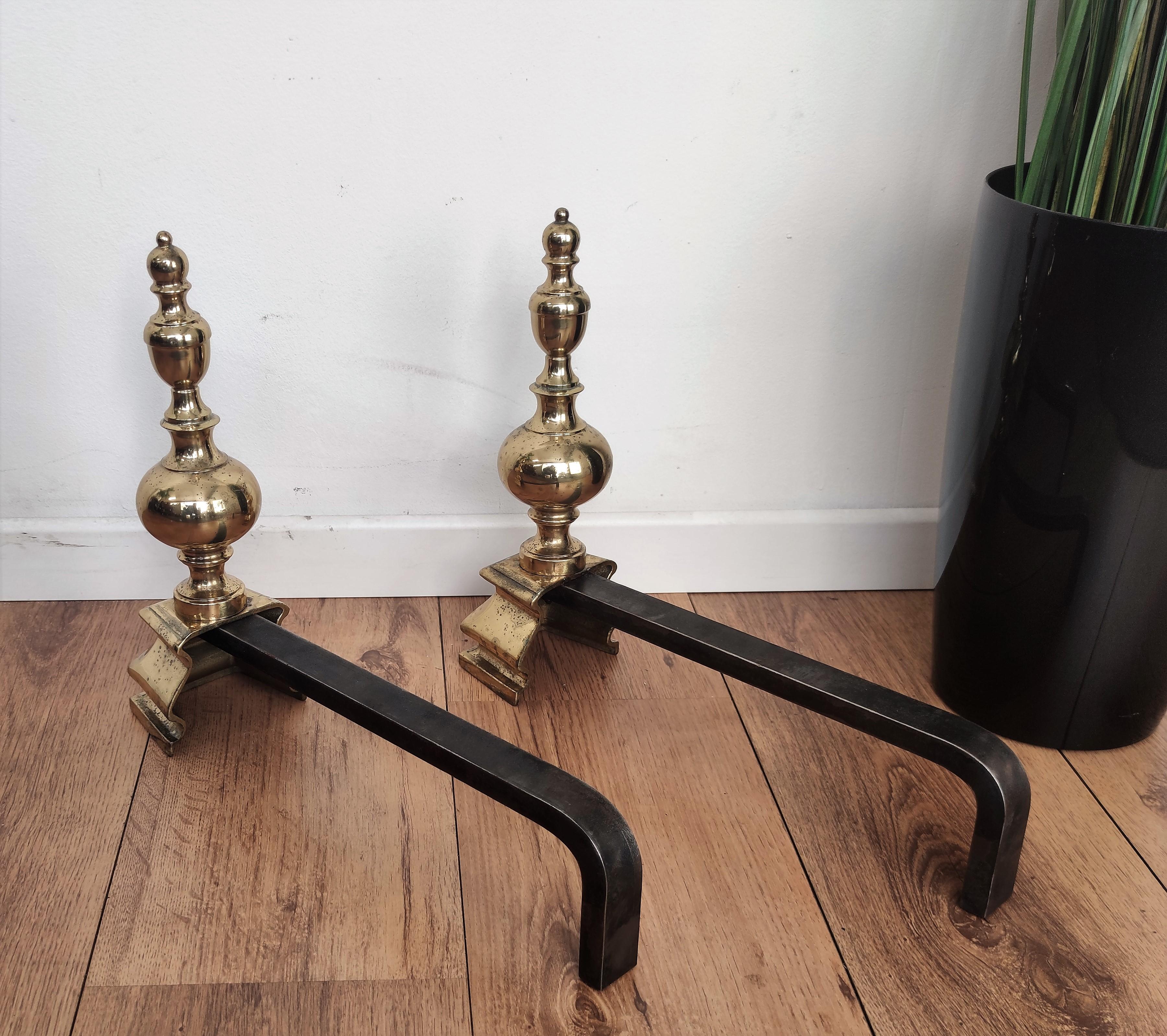 Midcentury Italian Brass and Wrought Iron Pair of Andirons For Sale 1
