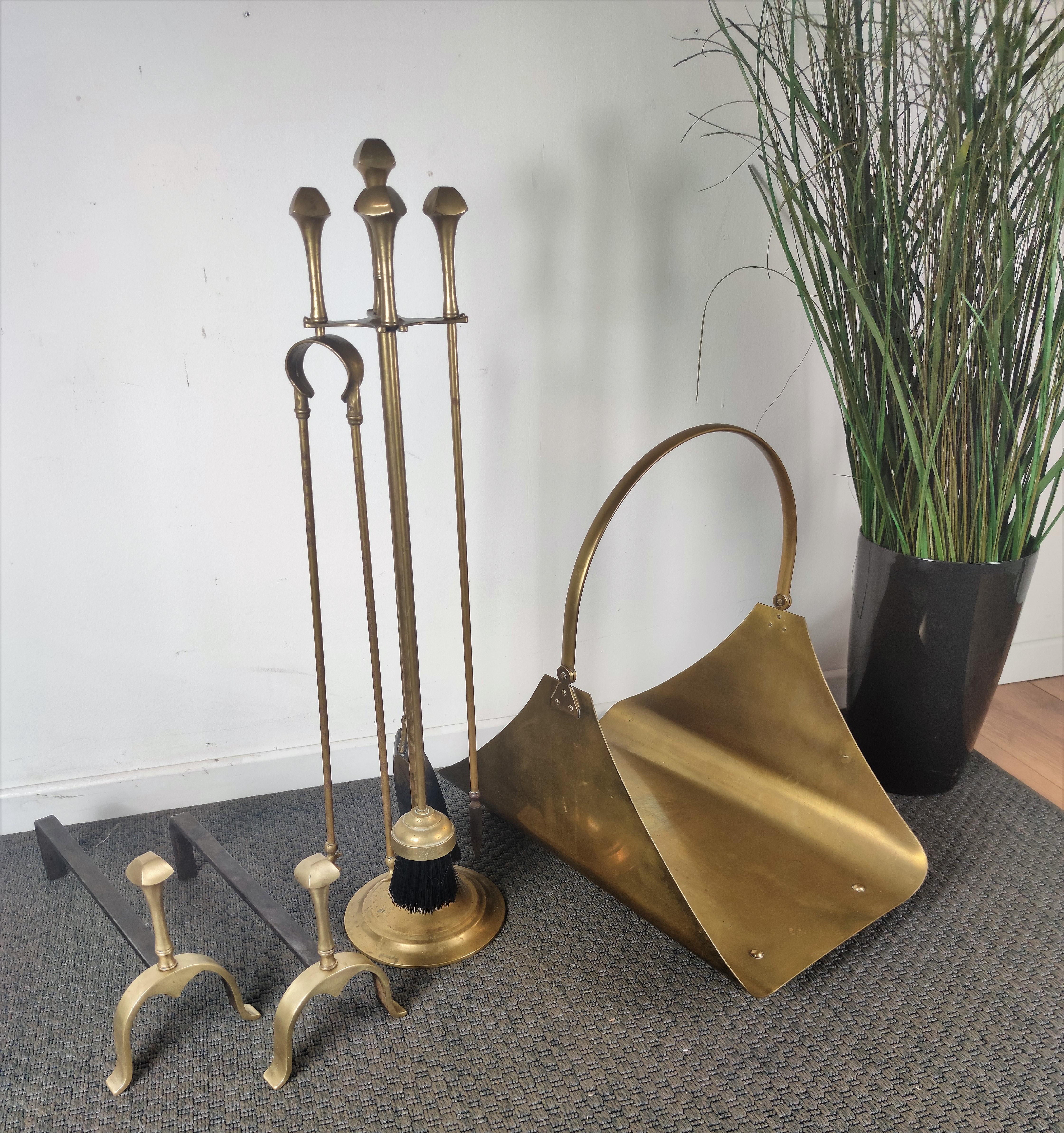 Midcentury Italian Brass and Wrought Iron Pair of Andirons 2