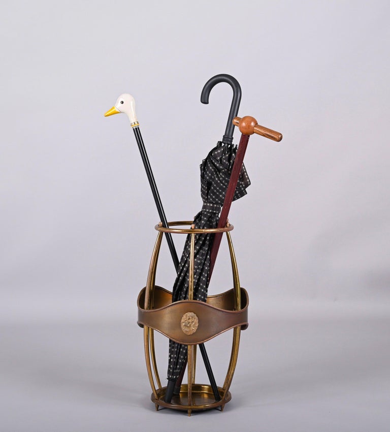 Midcentury Italian Brass BarrellShaped Umbrella Stand and Cane Holder