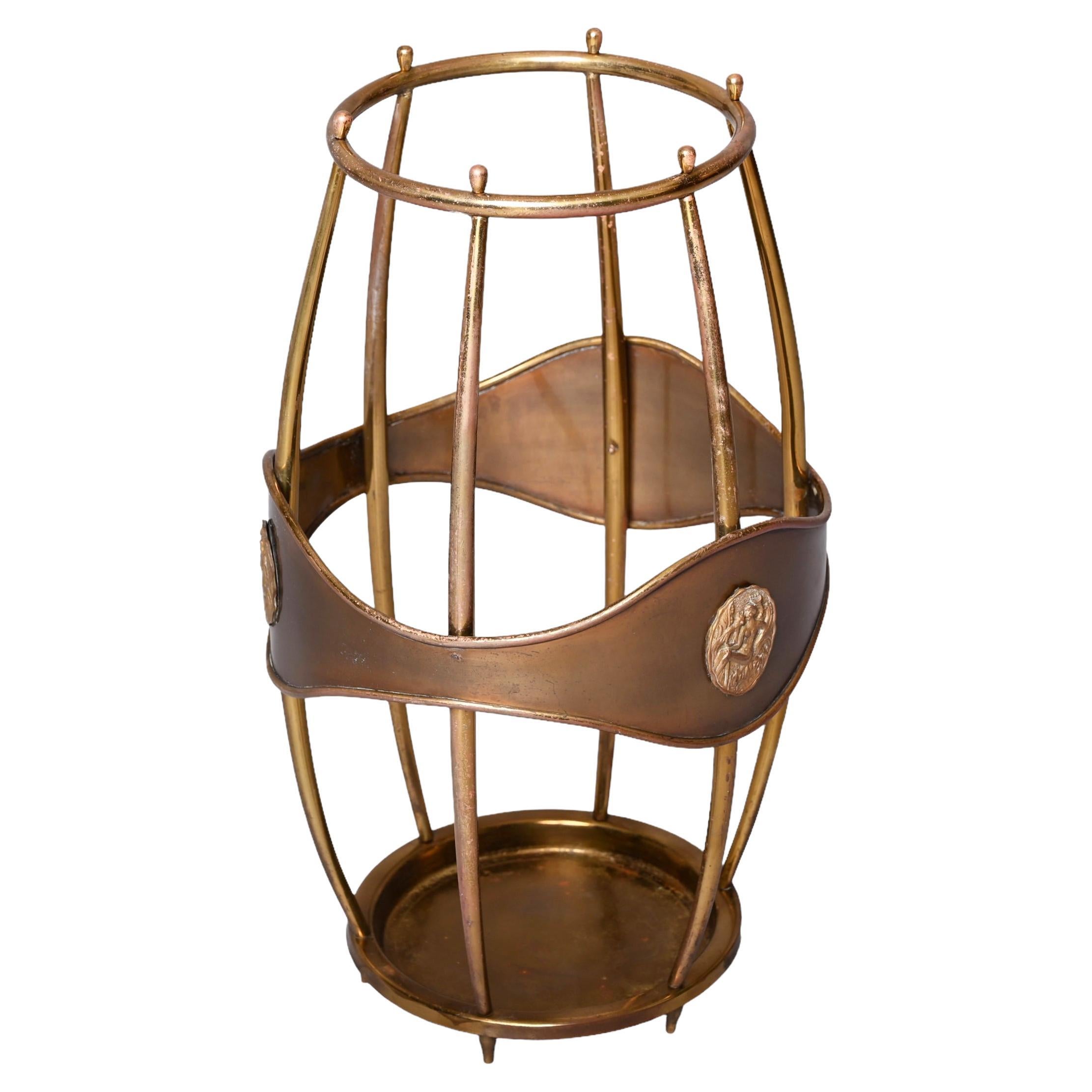 Midcentury Italian Brass Barrell-Shaped Umbrella Stand and Cane Holder, 1950s For Sale