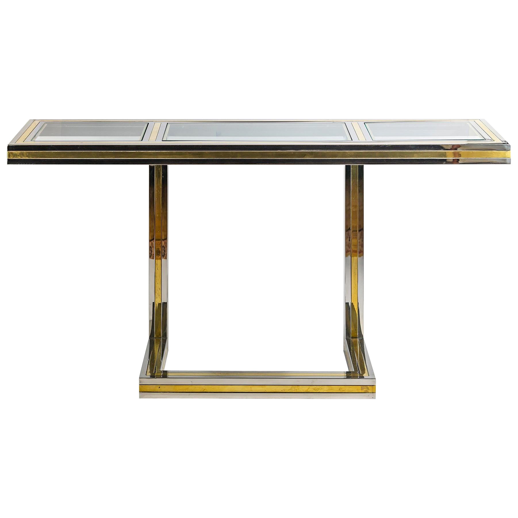 Pre-owned Romeo Rega Midcentury Italian Brass, Chrome And Glass Top Console Table By In Beige