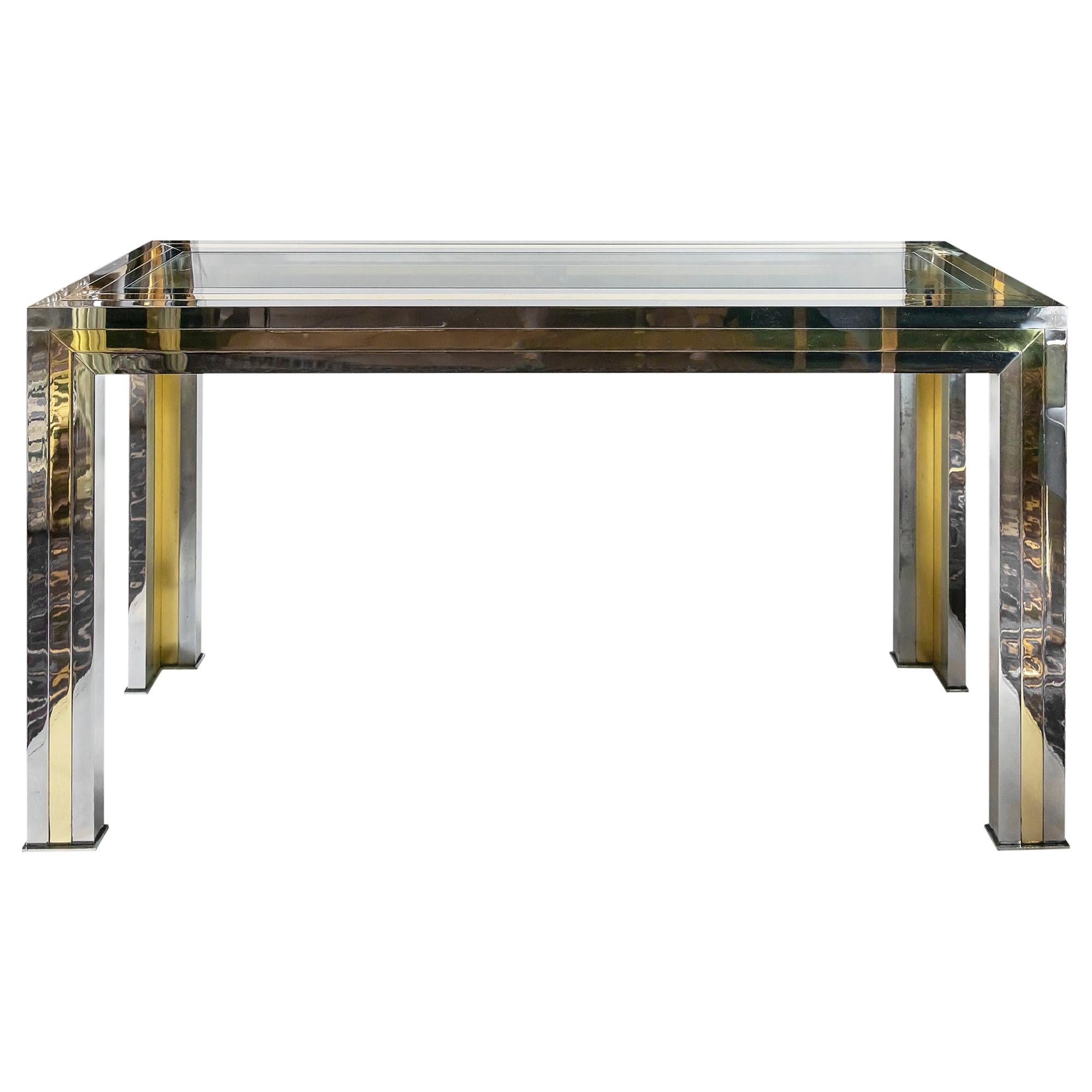 Midcentury Italian Brass, Chrome and Glass Top Console Table by Willy Rizzo