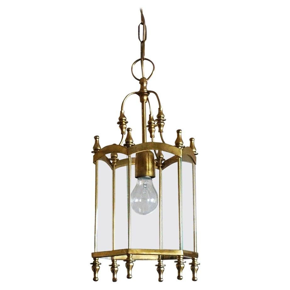 Midcentury Italian Brass Clear Glass Lantern, Pendant