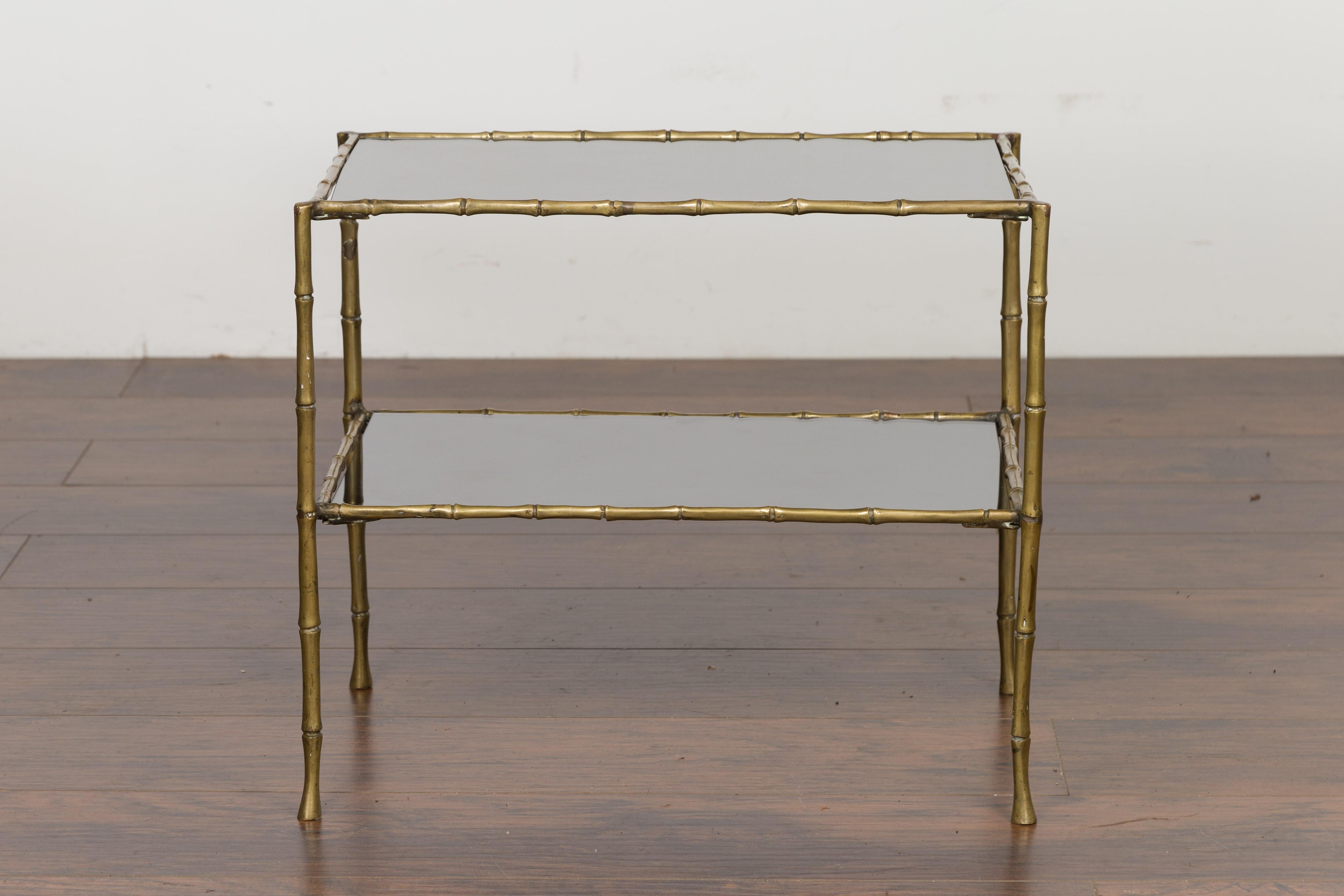 Midcentury Italian Brass Faux Bamboo Drinks Table with Mirrored Top and Shelf 6