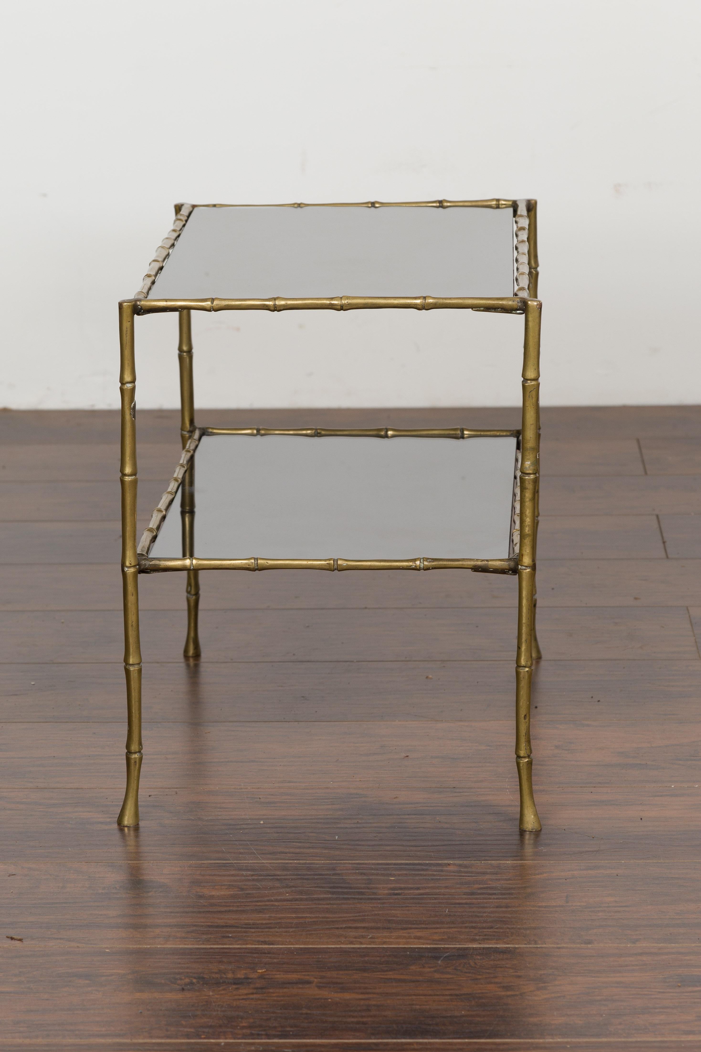 Midcentury Italian Brass Faux Bamboo Drinks Table with Mirrored Top and Shelf 7