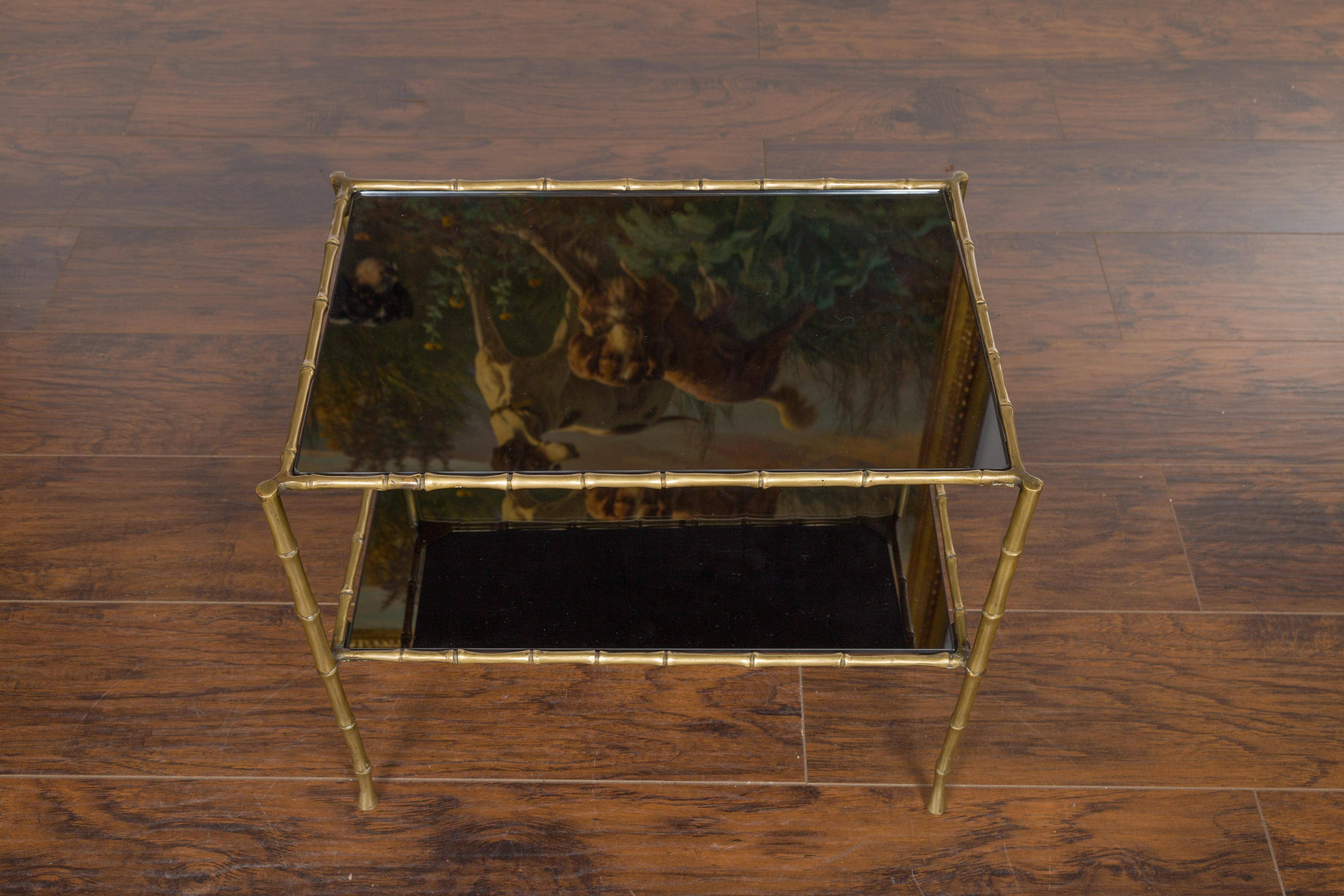 Mid-Century Modern Midcentury Italian Brass Faux Bamboo Drinks Table with Mirrored Top and Shelf