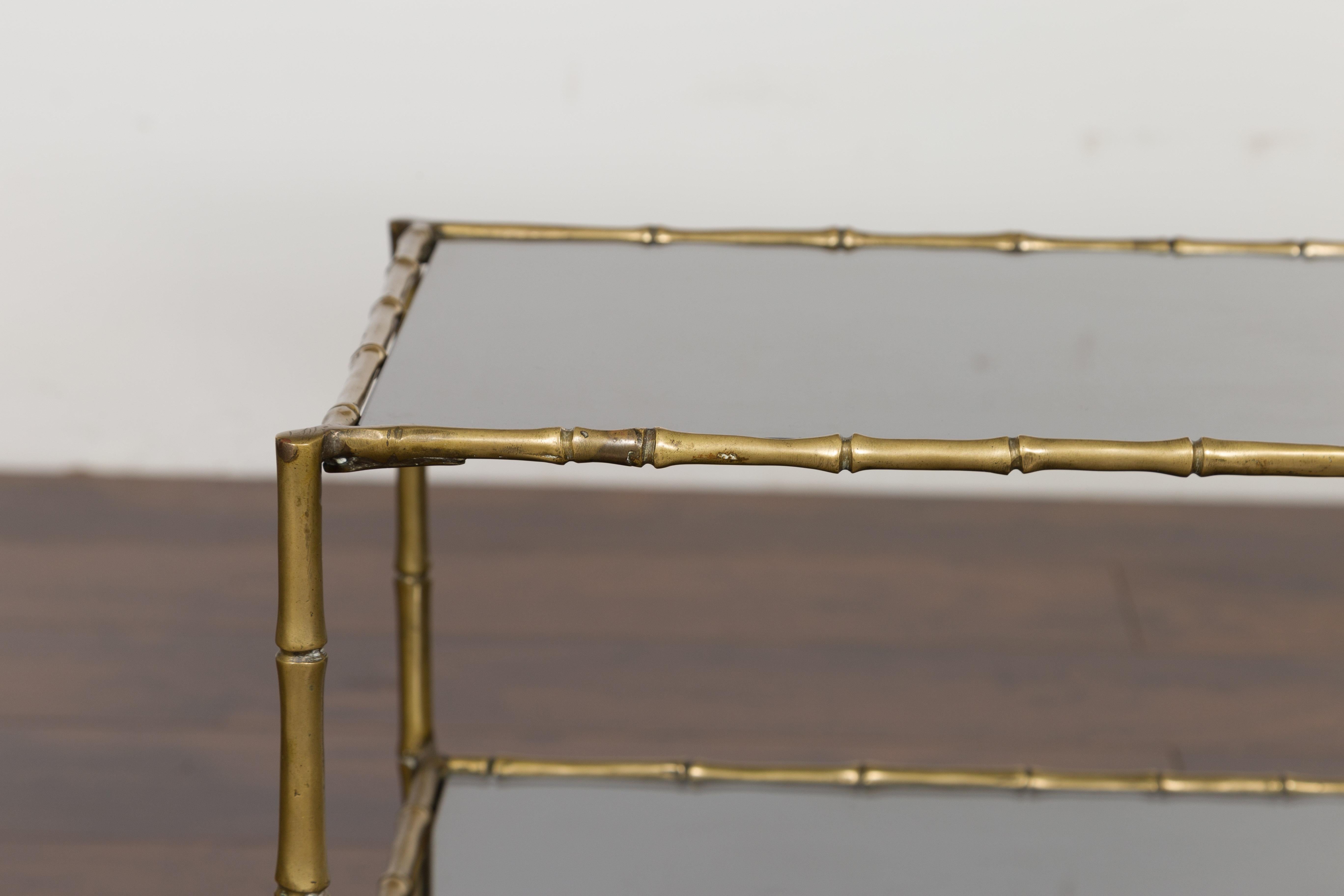 Midcentury Italian Brass Faux Bamboo Drinks Table with Mirrored Top and Shelf In Good Condition In Atlanta, GA
