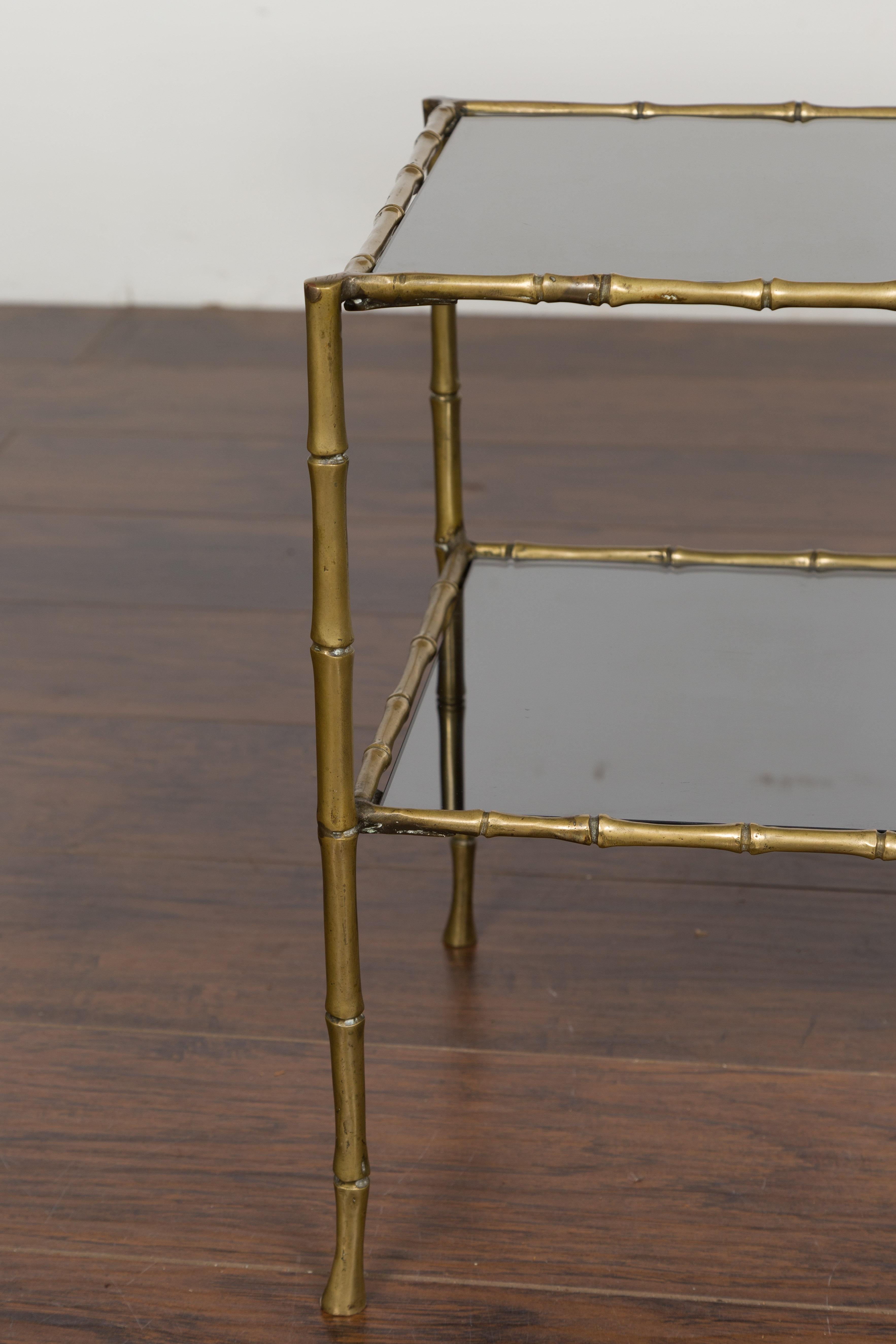 Midcentury Italian Brass Faux Bamboo Drinks Table with Mirrored Top and Shelf 1