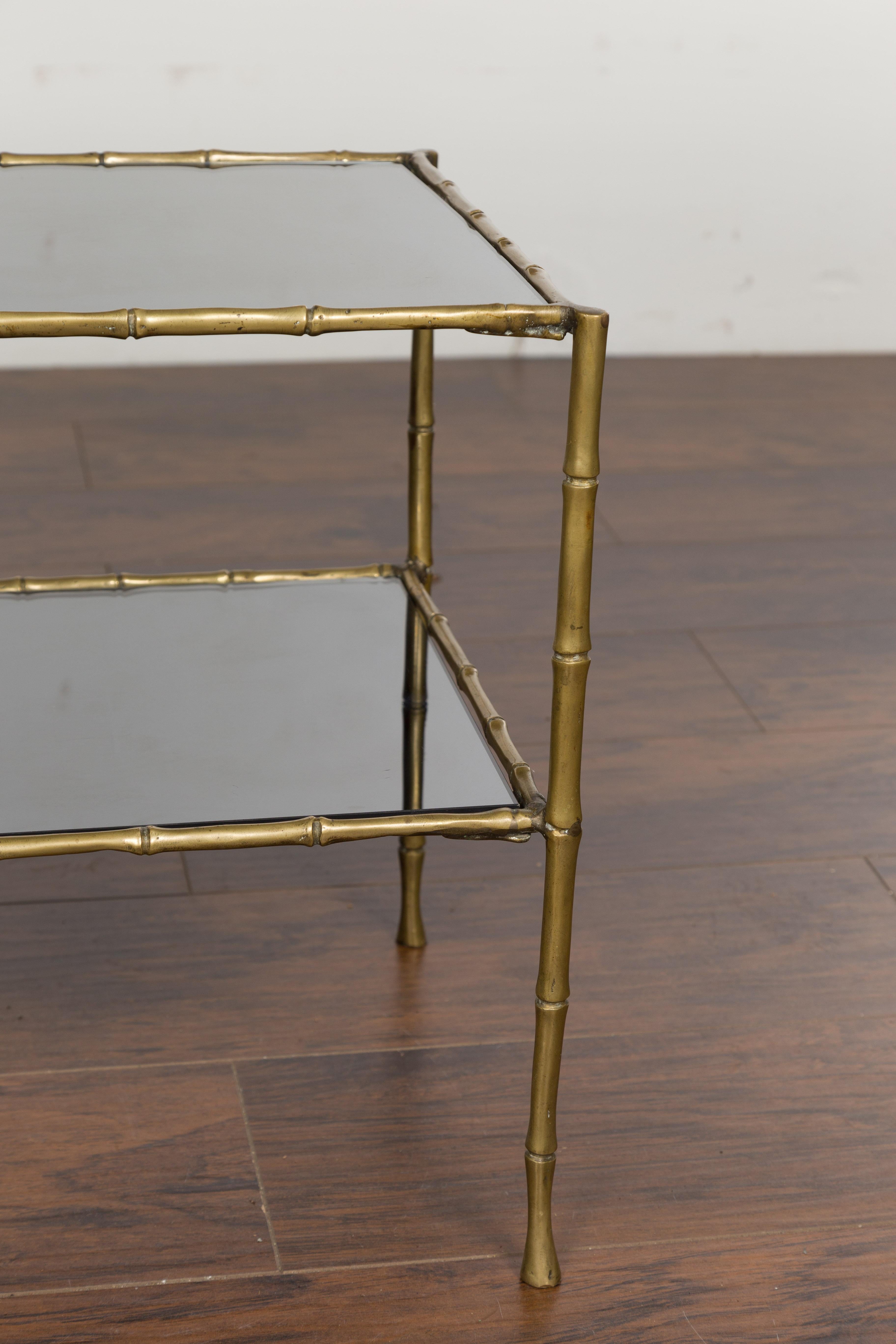 Midcentury Italian Brass Faux Bamboo Drinks Table with Mirrored Top and Shelf 2