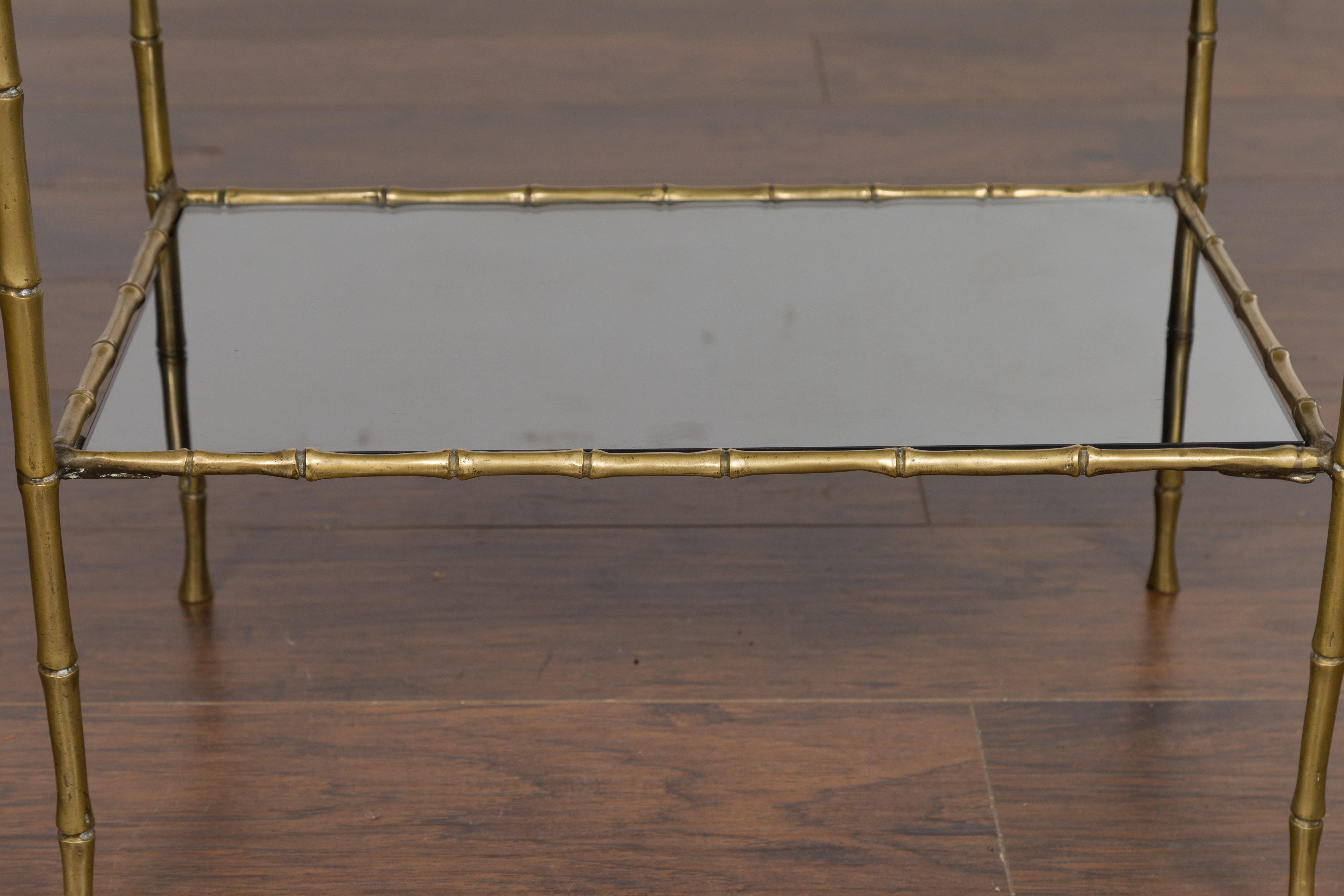 Midcentury Italian Brass Faux Bamboo Drinks Table with Mirrored Top and Shelf 3