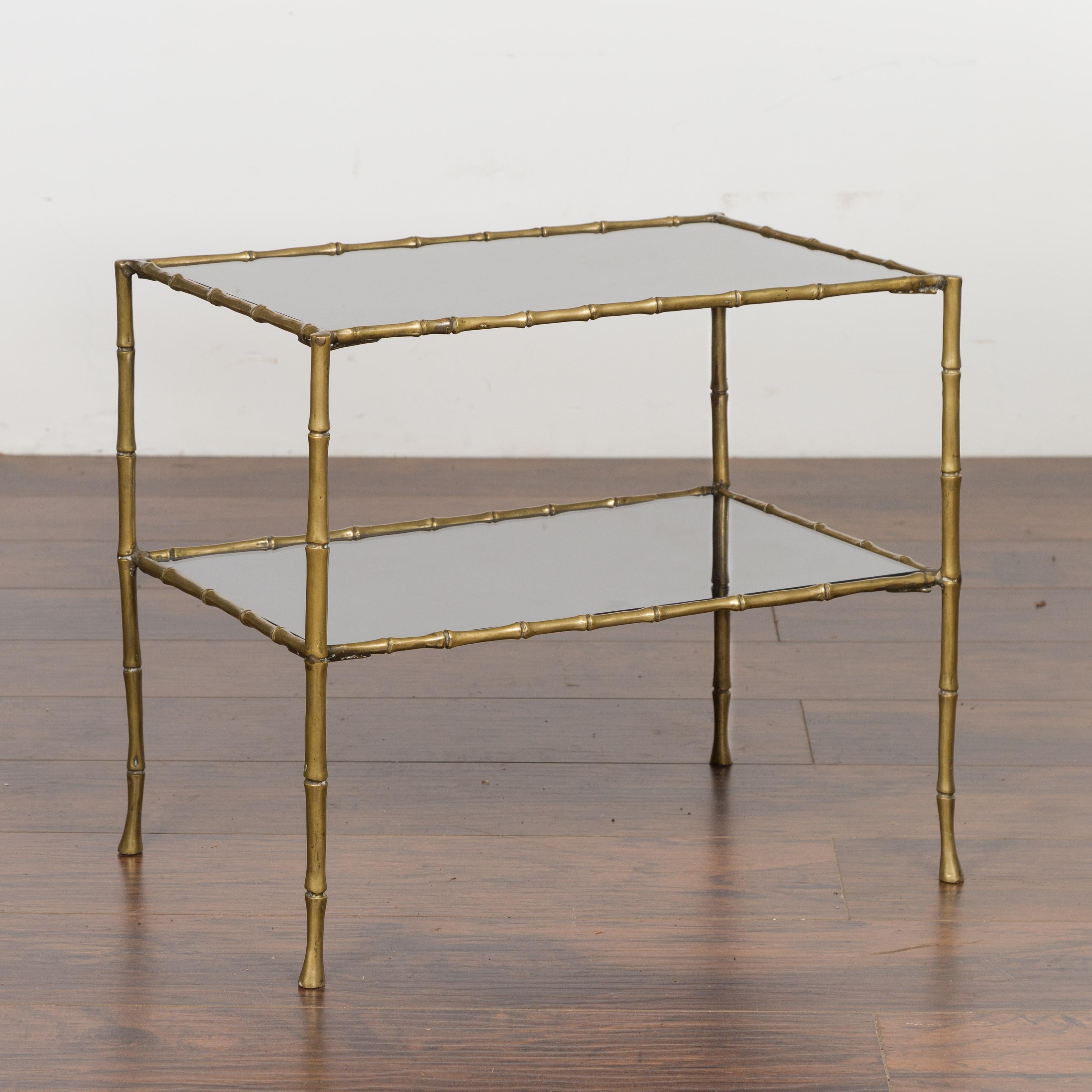 Midcentury Italian Brass Faux Bamboo Drinks Table with Mirrored Top and Shelf 4