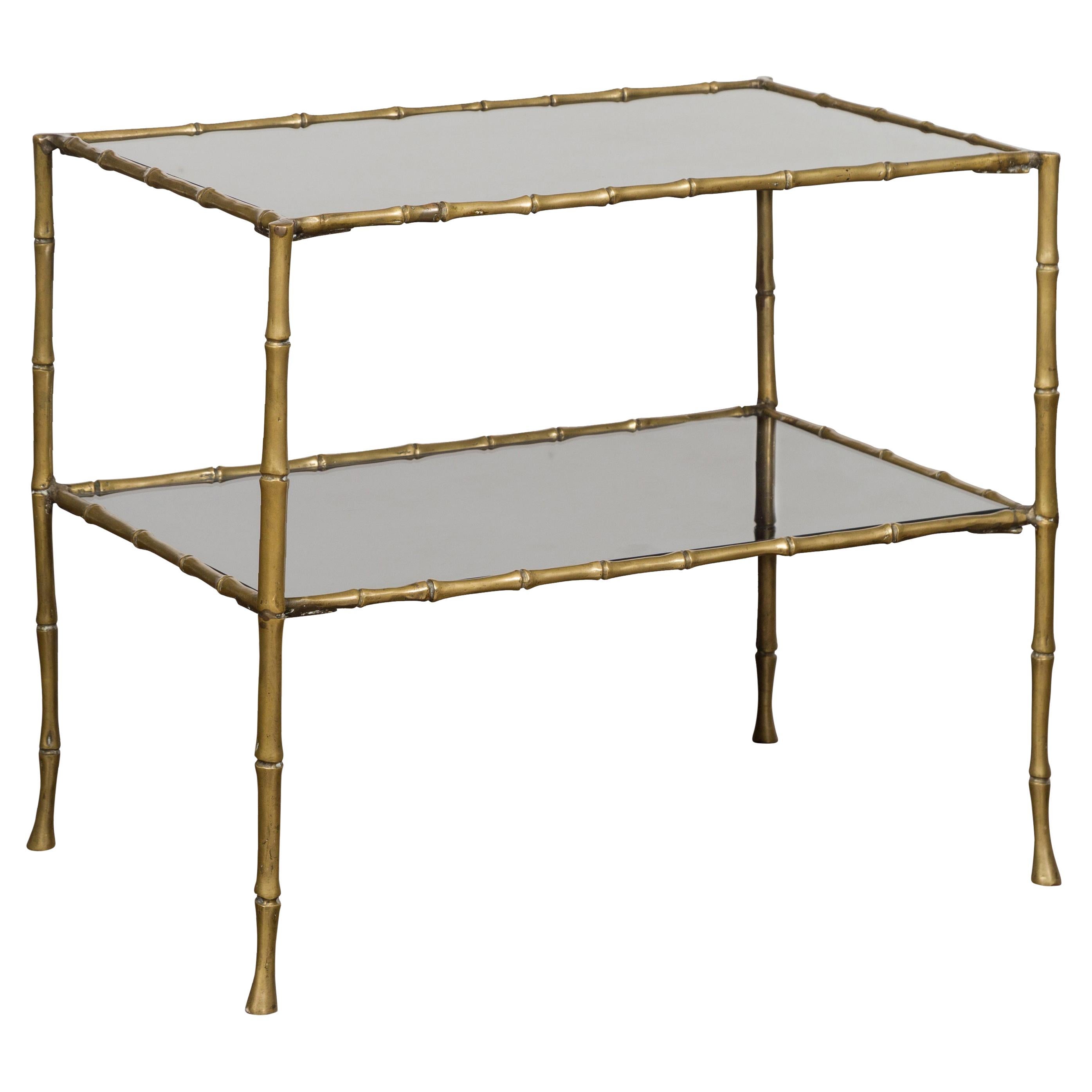 Midcentury Italian Brass Faux Bamboo Drinks Table with Mirrored Top and Shelf