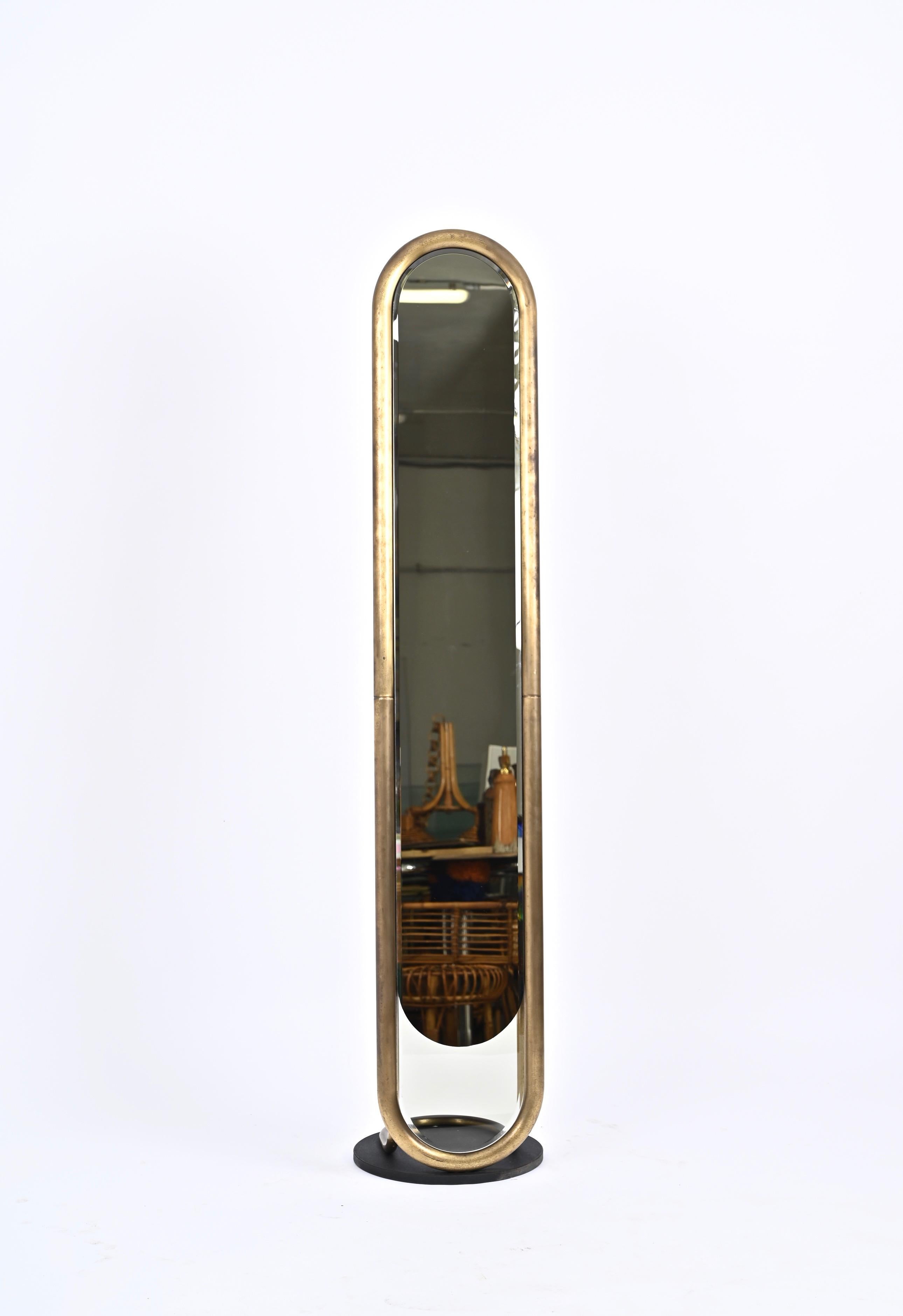 Midcentury Italian Brass Floor Full Lenght Beveled Bronze Mirror, Italy 1970s 4